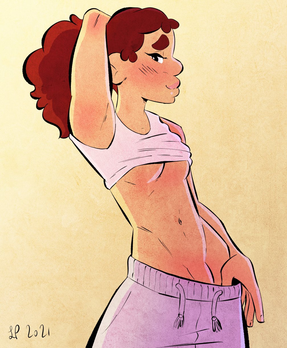 1futa, breasts, brown hair, clothed, clothing, dick root, dickgirl, fblimous, female, futa only, futanari, hand behind head, hand on head, human, intersex, light skin, morena (fblimous), mostly clothed, pale skin, pants, pants pull, penis, penis base, penis peek, ponytail, puffy hair, red hair, shirt, shirt lift, standing, sweatpants, trans woman, transfem, underboob