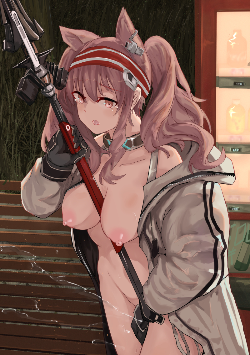 angelina_(arknights) animal_ears ao_homura areolae arknights between_breasts big_breasts breasts brown_eyes brown_hair collarbone female gloves headwear highres jacket long_hair looking_at_viewer masturbation nipples no_bra no_panties nude open_mouth outdoors outside partially_clothed pleasure_face pussy_juice solo_female spear tagme tears