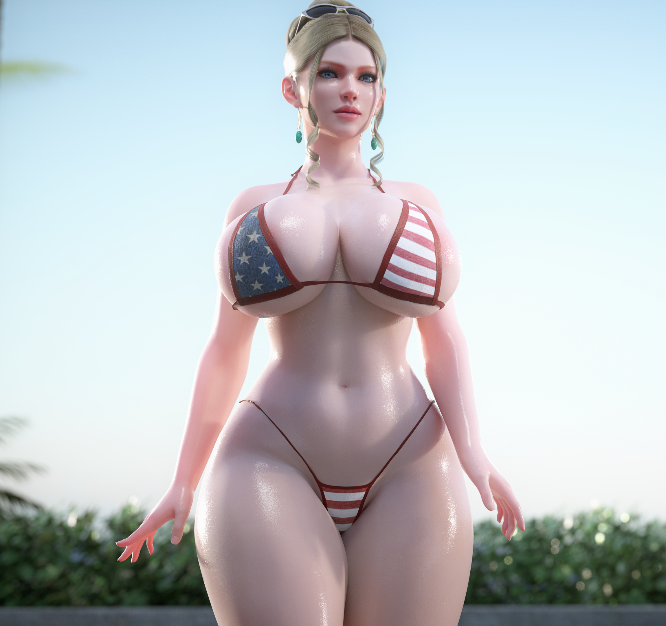 1girls, 3d, american flag, american flag bikini, bikini, bimbo, blender, blonde female, blonde hair, blue eyes, breasts, cleavage, dead or alive, female, female only, huge breasts, icedev, light skin, light-skinned female, ninja gaiden, rachel (ninja gaiden), solo, thick thighs, voluptuous, wide hips