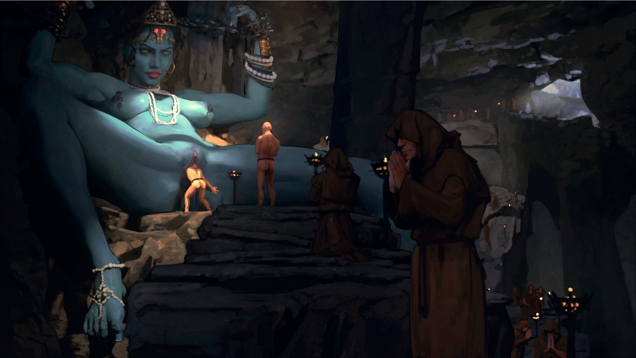1girls, blue skin, breasts, cave, diathorn, female, giantess, goddess, male, medium breasts, monk, multiple boys, multiple males, nude, pussy, ritual, size difference, spread legs, teal skin, temple, vaginal insertion