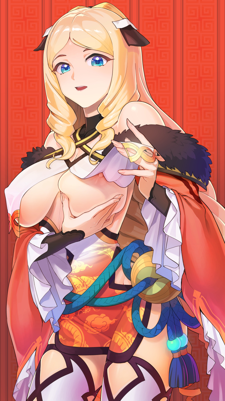 1girls adapted_costume azur_lane bare_shoulders blonde_hair blue_eyes breast_curtain_lift breast_curtains breasts chaser_(azur_lane) chaser_(the_way_of_the_dragon_empery)_(azur_lane) china_dress chinese_clothes cleavage covered_erect_nipples dress female female_only highres huge_breasts large_breasts lifted_by_self light-skinned_female light_skin long_hair looking_at_viewer nipples open_mouth royal_navy_(azur_lane) side_slit sideboob solo standing supurai thighhighs underboob wavy_hair white_legwear