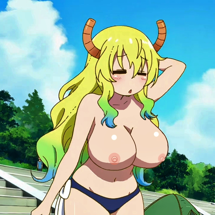 1girls, big breasts, blush, boobs, breasts, closed eyes, edit, eyes closed, female, horns, kobayashi-san chi no maidragon, large breasts, light skin, long hair, lucoa, miss kobayashi's dragon maid, nipples, public nudity, quetzalcoatl (dragon maid), screenshot edit, solo, solo female, topless, topless female