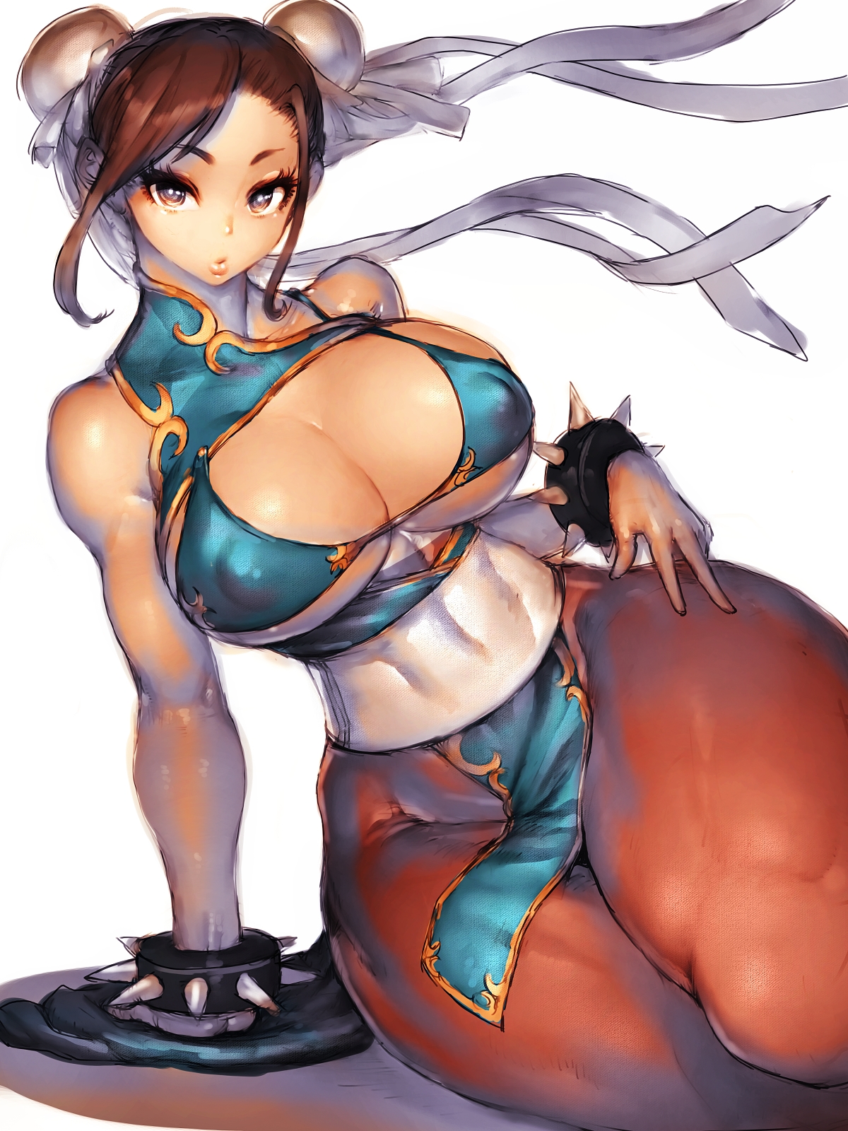 1girls, 2021, breasts, brown hair, capcom, chun-li, cleavage, double bun, female, female only, fumio (rsqkr), hips, huge breasts, huge thighs, looking at viewer, nipple bulge, pantyhose, short hair, solo, solo female, solo focus, spiked bracelet, street fighter, thick thighs, thighs, thunder thighs, wide hips