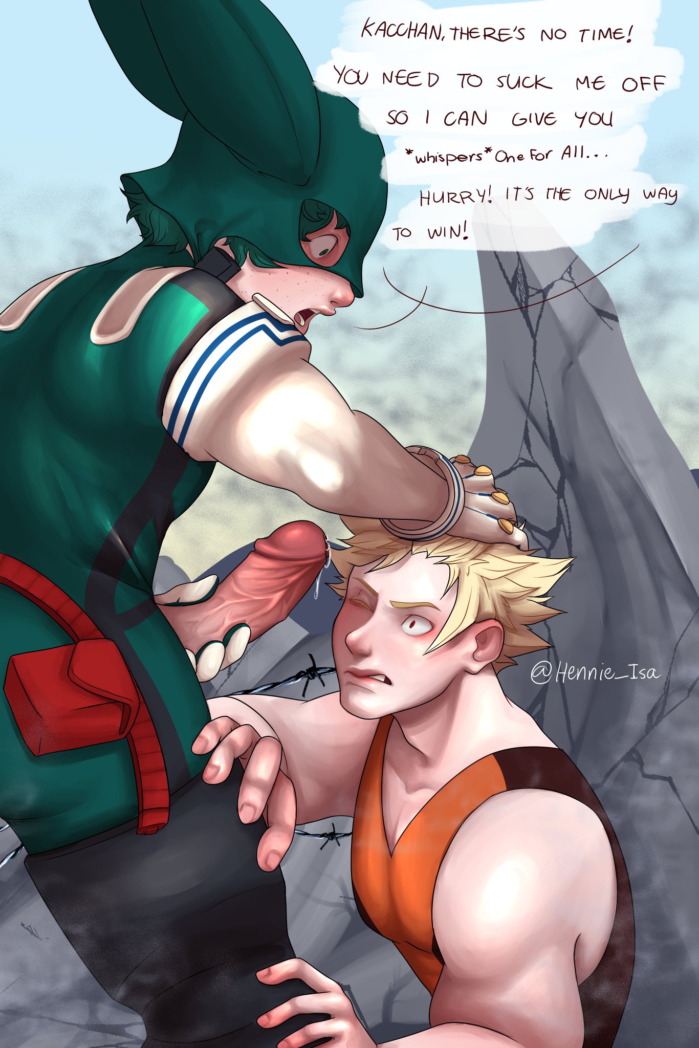 2boys, blonde hair, bodily fluids, clothing, dialogue, english text, gay, genital fluids, genitals, hair pull, hand on head, hand on penis, head grab, hennie isa, hero outfit (mha), imminent fellatio, imminent oral, izuku midoriya, katsuki bakugou, male, male only, male/male, my hero academia, one eye closed, open mouth, penis, penis grab, precum, precum drip, speech bubble, text, vein, veiny penis, yaoi