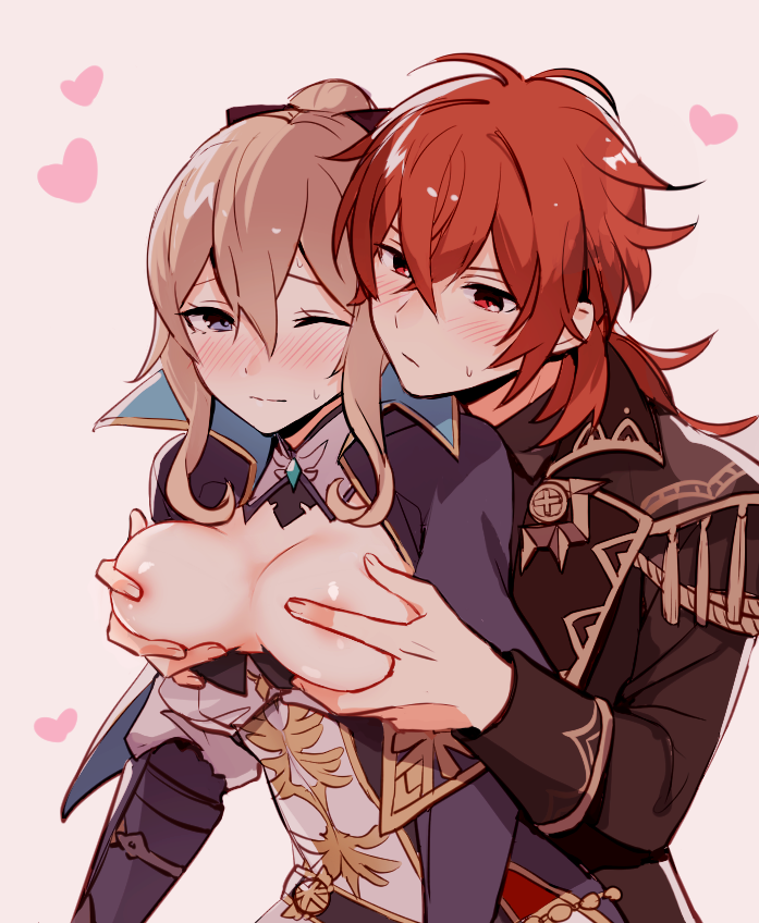 1boy, bangs, black jacket, blonde hair, blue eyes, blush, bow, breast grab, breasts, capelet, clothes down, crossed bangs, diluc (genshin impact), female, genshin impact, gloves, grabbing, grabbing from behind, groping breasts, hair between eyes, hair ribbon, hairbow, heart, heart background, jacket, jean gunnhildr, long hair, long sleeves, male, medium breasts, no bra, one eye closed, pink background, ponytail, red eyes, red hair, ribbon, rome romedo, sidelocks, straight, sweat, torn clothes, upper body