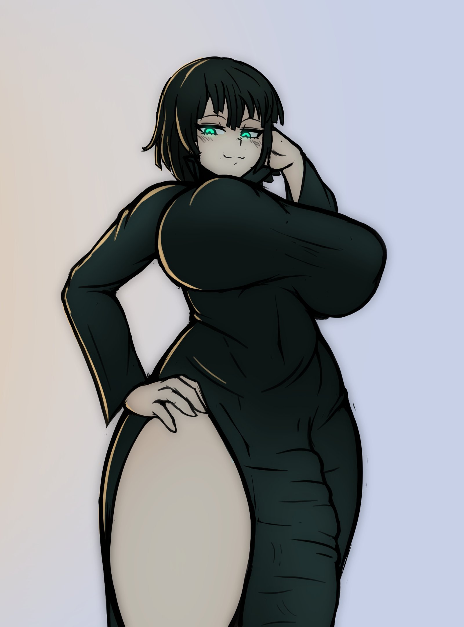 1futa, big breasts, blush, bottomless, breasts, bulge, cleavage, clothed, clothing, fibilis, flaccid, fubuki (one-punch man), futa only, futanari, hip vent, huge breasts, huge cock, human, intersex, large breasts, one-punch man, penis, penis under clothes, solo, standing, thick thighs, wide hips