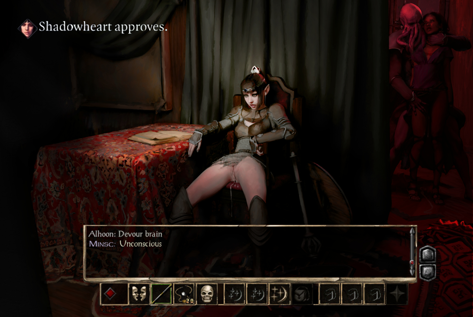 2girls, after sex, armor, baldur's gate, baldur's gate 3, bottomless, brain drain, brain eating, cum, cum drip, cum in ear, cum in pussy, diathorn, dungeons and dragons, elf, exhausted, fantasy, female, femsub, forgotten realms, illithid, leaking cum, mind flayer, monster, multiple females, multiple girls, multiple subs, open toe shoes, pussy, shadowheart, sitting, table, text, user interface, wet