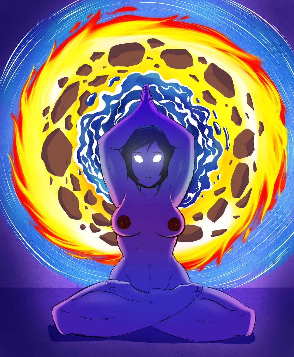 1girls airbending avatar_legends avatar_state breasts casual dark-skinned_female dark_skin earthbending fblimous feet female firebending human korra leg_up lotus_position martial_arts medium_breasts nude pubic_hair pussy smooth_skin the_avatar the_legend_of_korra water water_tribe waterbending