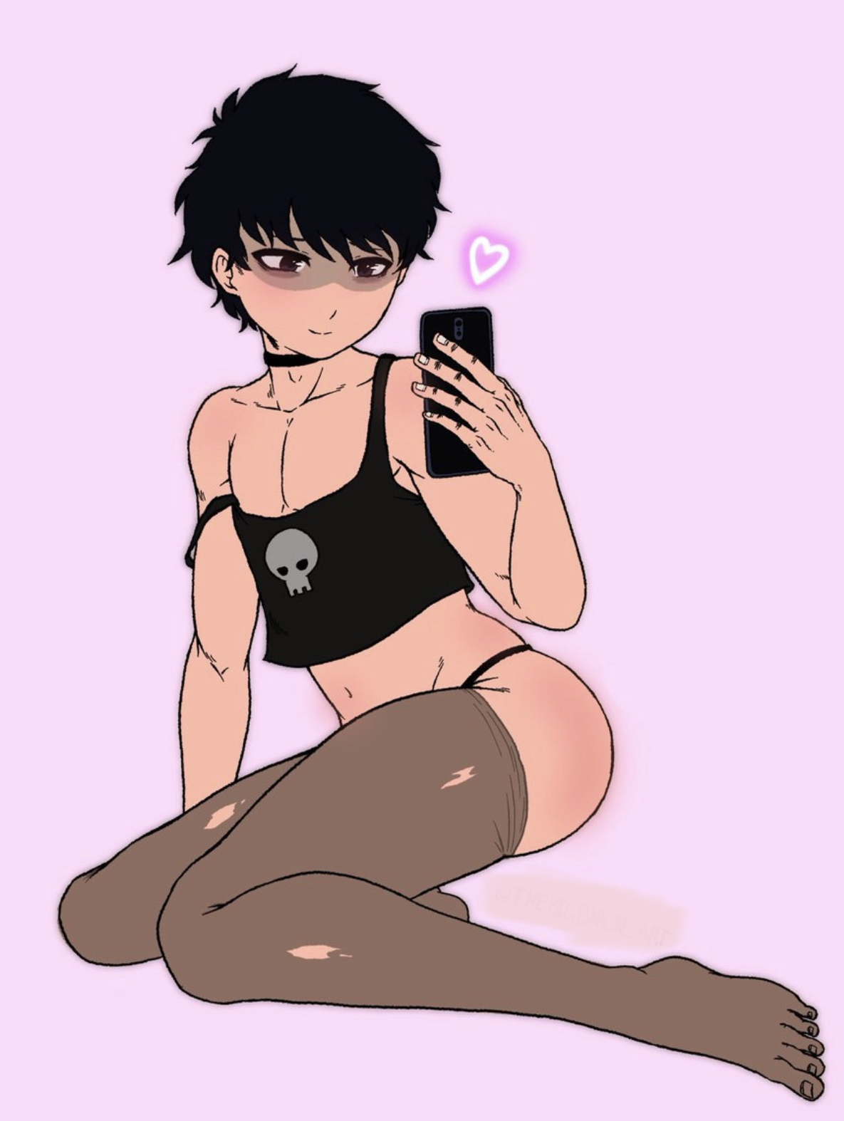 1boy, black hair, brandon (shadman), choker, collar, crossdressing, eyes half open, femboy, goth, goth femboy, male, male only, selfie, sissy, solo, stockings, tagme, thebigbaron art, trap