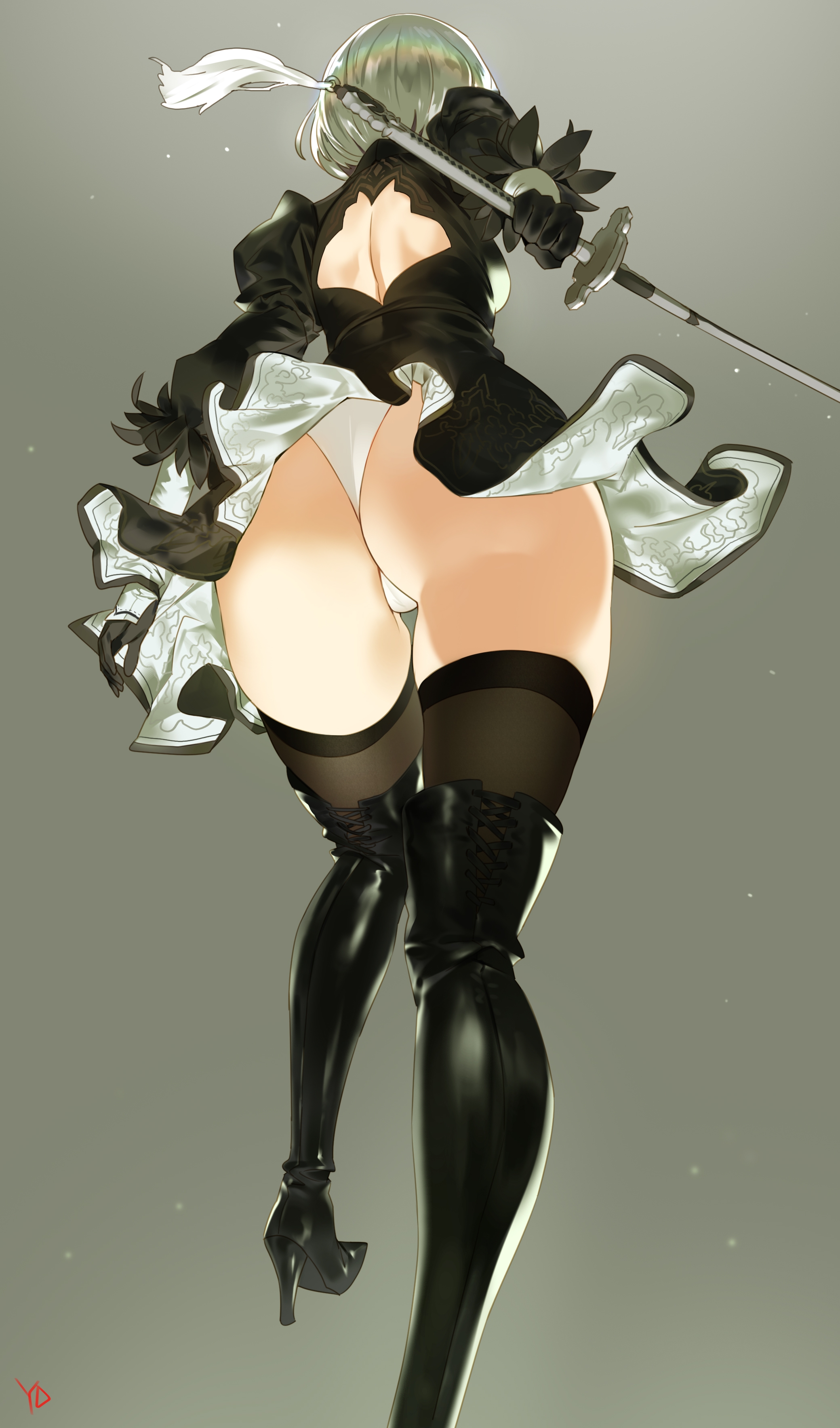 ass, ass focus, back cutout, backless outfit, black legwear, cutout, female, high heels, leotard, medium hair, nier (series), nier: automata, solo, standing, thighhighs, white background, white hair, white leotard, yd (orange maru), yorha 2b
