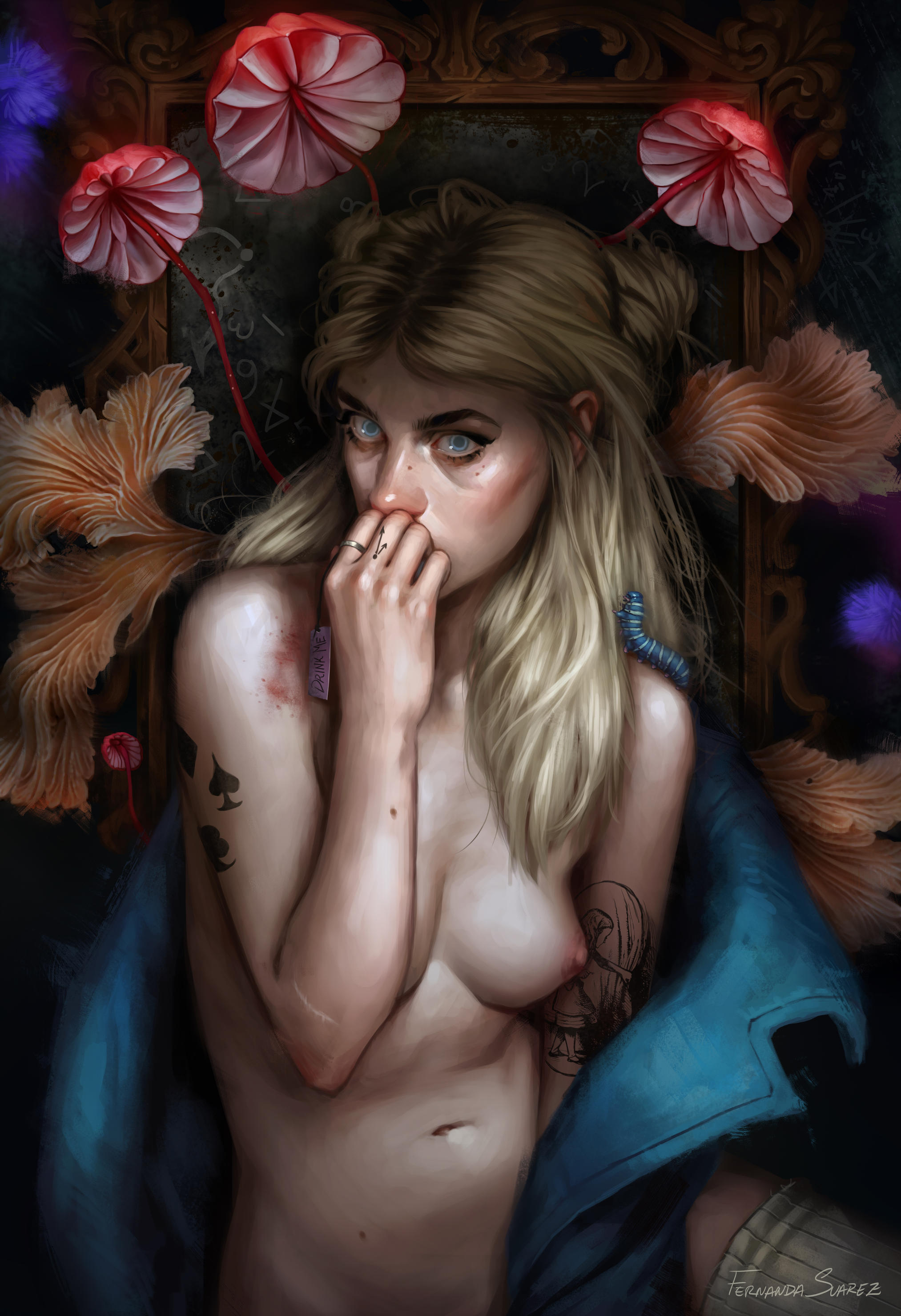 1girls, alice in wonderland, alice liddell, artistic nude, blonde hair, blue eyes, breasts, coat, covering mouth, female, fernanda suarez, looking at viewer, medium breasts, mushroom, painting (artwork), portrait, realistic, tattoo