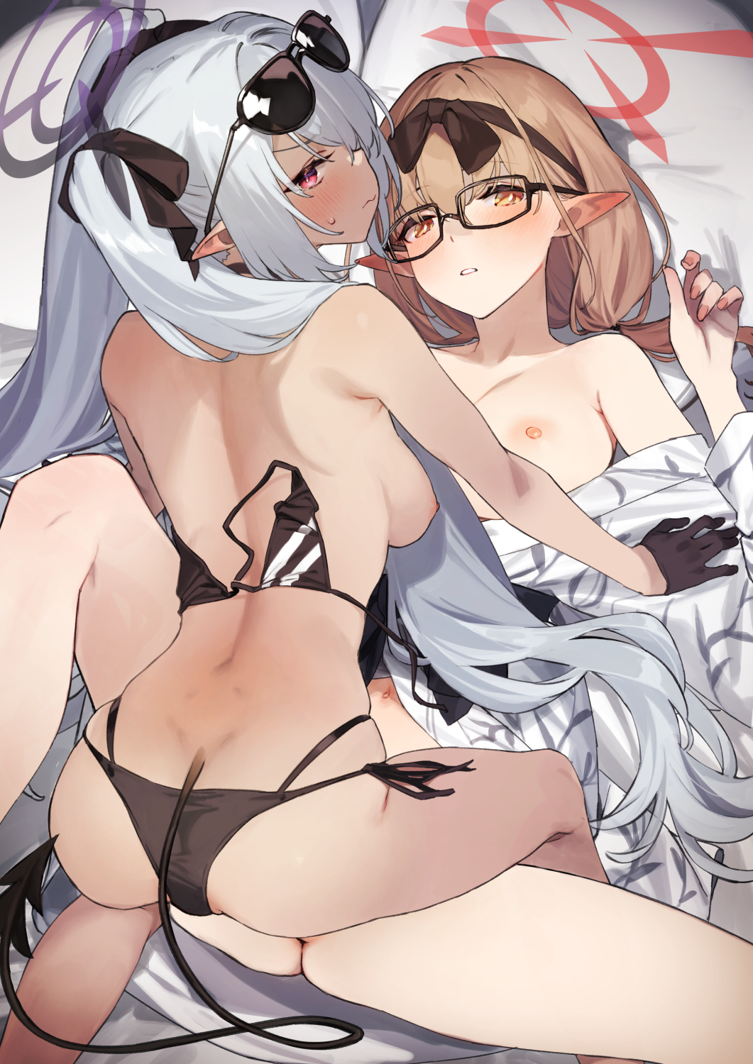 2girls, 92m, big ass, big breasts, blue archive, blush, breasts, chinatsu (blue archive), chinatsu (hot spring) (blue archive), elf ears, eyewear on head, female, gehenna academy student, glasses, iori (blue archive), iori (swimsuit) (blue archive), nipples, pointy ears, prefect team (blue archive), sunglasses, swimsuit, tail