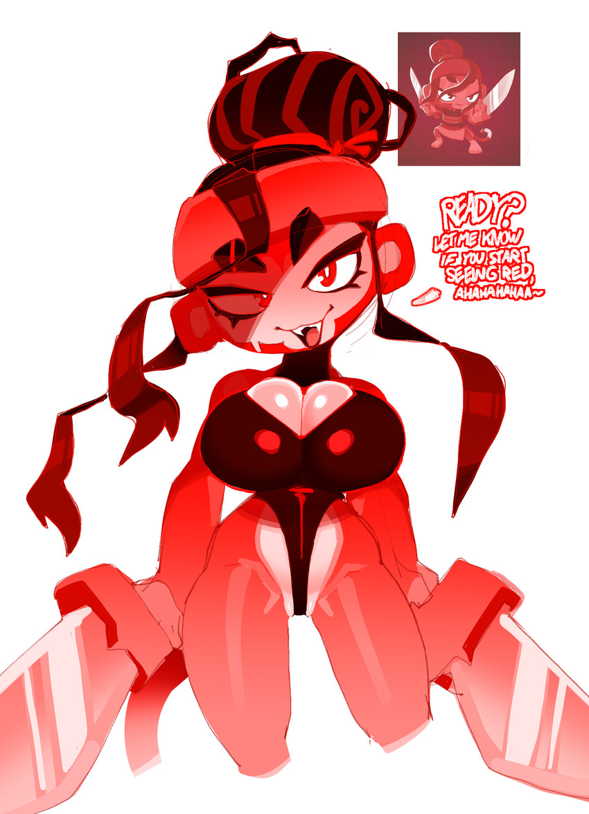 1girl, anthro, big breasts, bloons tower defense, breasts, cleavage, dialogue, english text, female, female focus, female only, goatboydraws, monkey, monkey girl, primate, red body, red eyes, red sauda, sauda (bloons), simple background, solo, solo female, talking to viewer, text