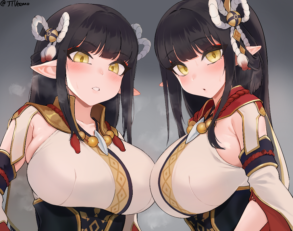 2girls bangs big_breasts black_hair blush clothing elf_ears eyebrows_visible_through_hair female_only hair_ornament hinoa japanese_clothes jtveemo large_breasts looking_at_viewer minoto monster_hunter monster_hunter_rise multiple_girls necklace necklaces open_mouth pointy_ears siblings sidelocks sisters smile smiling steam sweat twins wagashi wyverian yellow_eyes