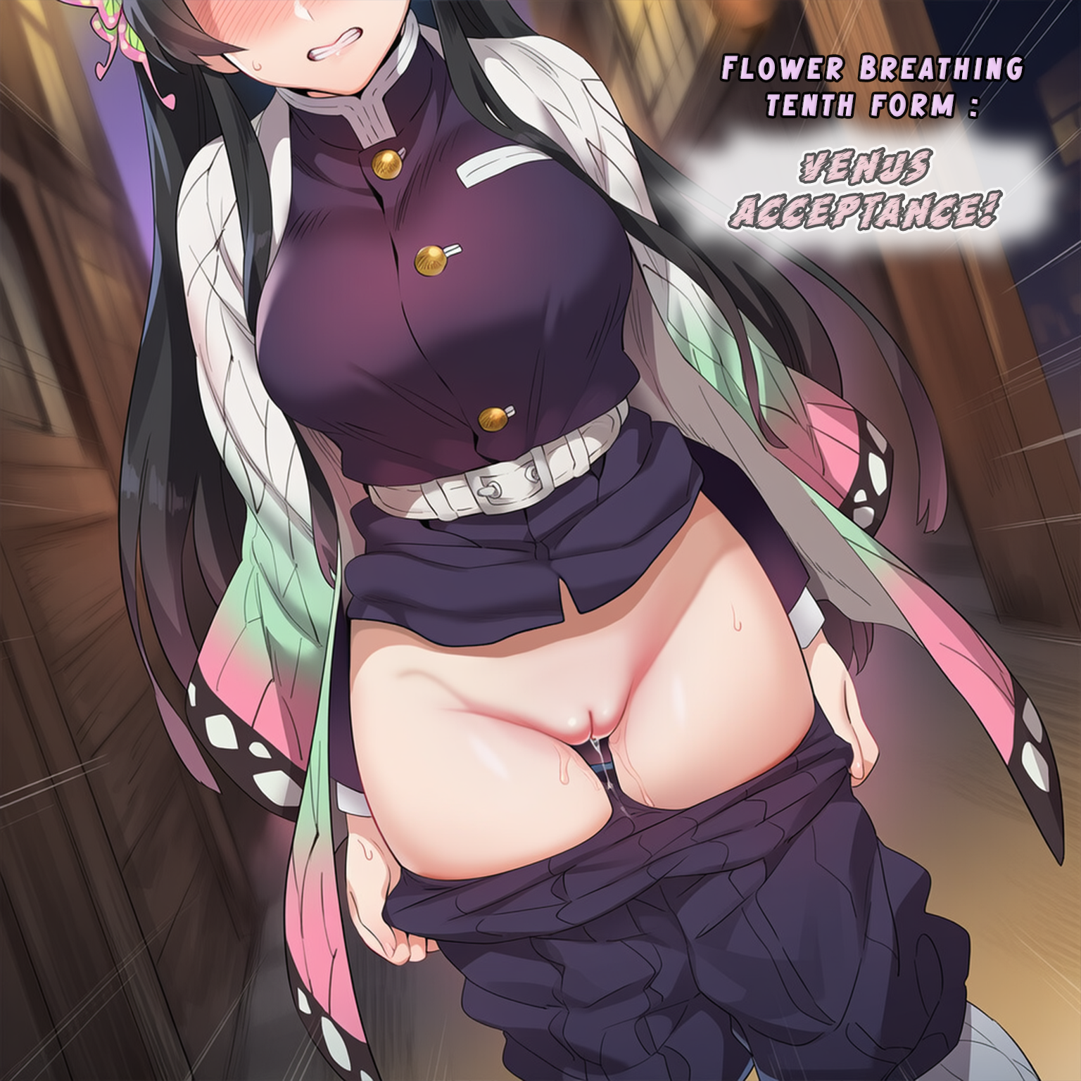 absurd res, absurdres, ai generated, blush, breasts, color, commentary, darklust, demon slayer, dialogue, english, english commentary, english dialogue, english text, female, hi res, high resolution, highres, human, kimetsu no yaiba, kochou kanae, large breasts, motion blur, motion lines, novelai, self upload, speech bubble, speed lines, sweat, tagme, text, uncensored