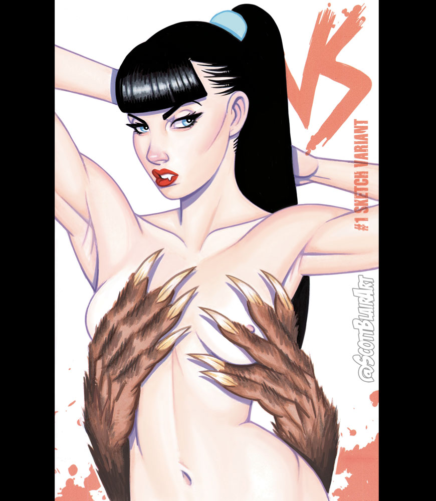 biting_lip black_hair blue_eyes breasts claws covering_breasts female fringe goth looking_at_viewer monster nipples ponytail red_lipstick scott_blair topless unseen_male_face vampire werewolf