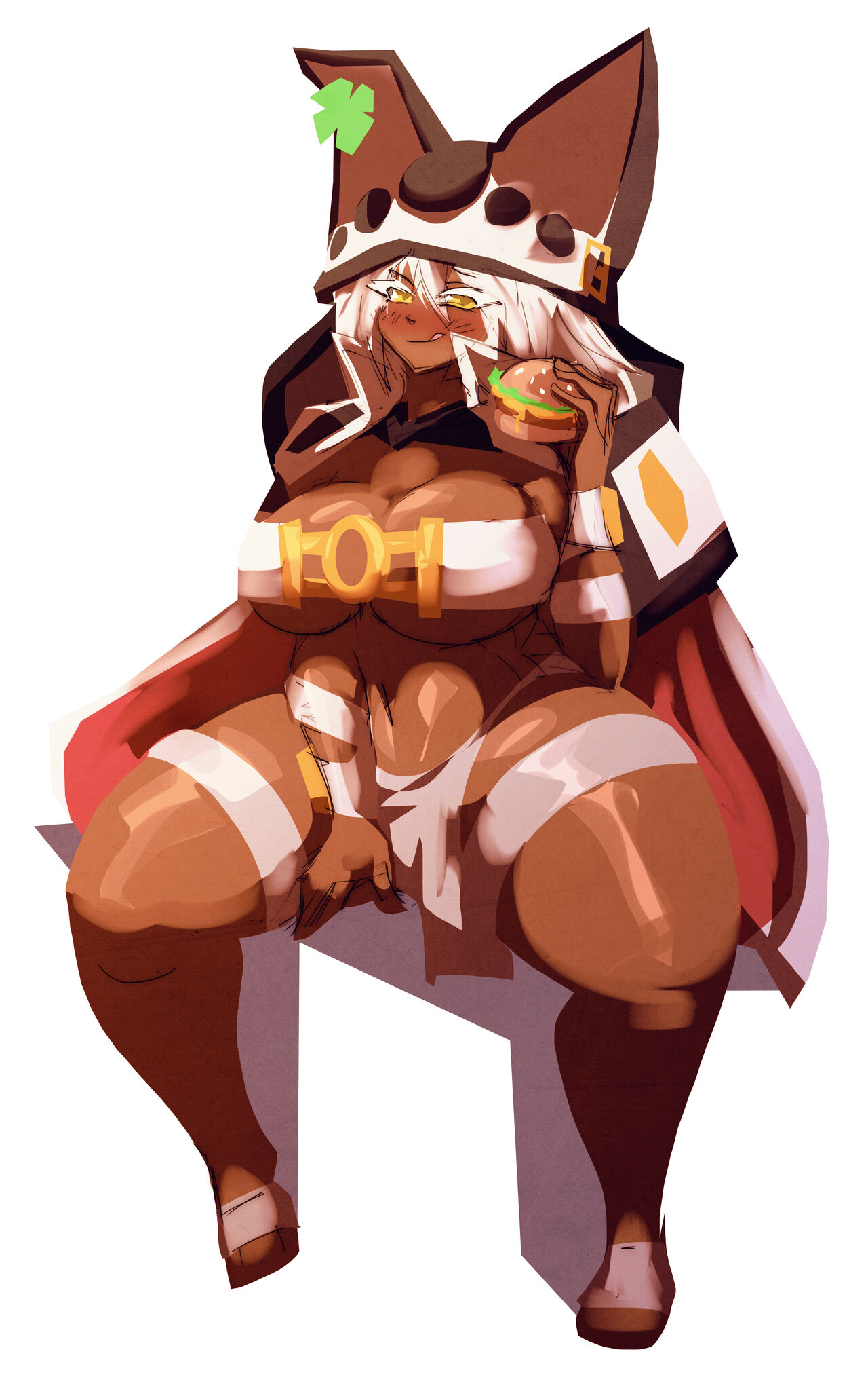 ass, belt, big breasts, breasts, eating, female, guilty gear, guilty gear xrd, hat, huge ass, ramlethal valentine, riendonut, thick thighs, white hair