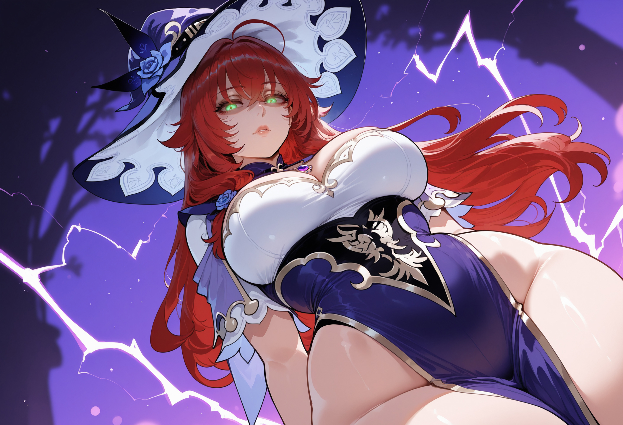 1girls, ahoge, ai generated, big breasts, breasts, bright pupils, cleavage, clothing, cosplay, curvaceous, curvaceous female, curvaceous figure, curvy, curvy figure, dress, female, female focus, female only, flower, from below, genshin impact, green eyes, groin, hair between eyes, hat, hat flower, headwear, high school dxd, huge breasts, inviting, inviting to sex, large breasts, large hat, light-skinned female, lips, lisa (genshin impact) (cosplay), long hair, looking at viewer, looking down, miyuai, multicolored clothes, multicolored dress, pelvic curtain, presenting, presenting breasts, presenting self, purple dress, purple flower, purple headwear, purple rose, red hair, rias gremory, rose, seductive, seductive look, seductive smile, short sleeves, solo, thick thighs, thighs, tree, vision (genshin impact), voluptuous, voluptuous female, wide hips, witch, witch hat