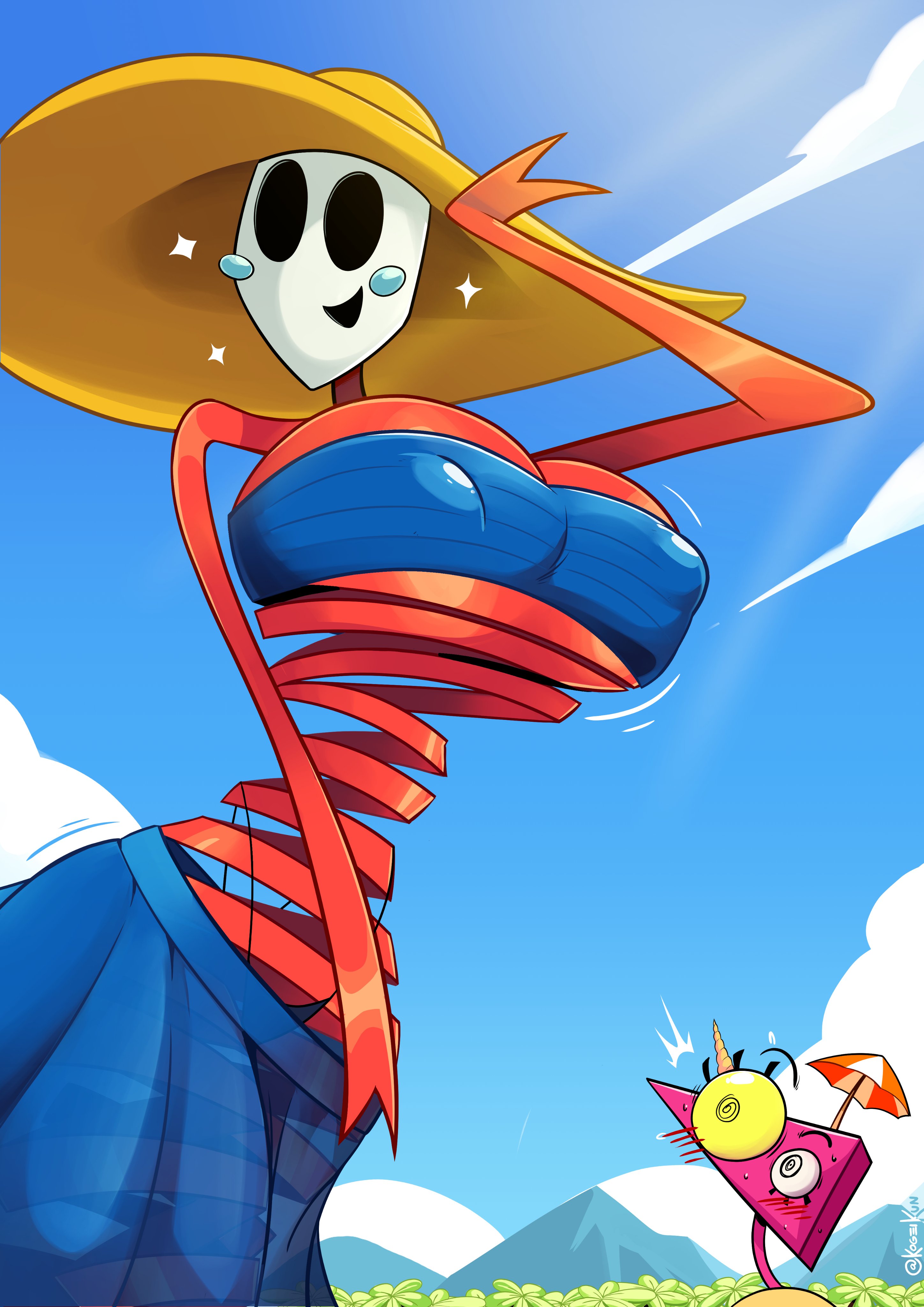 2girls, bikini, blush, breasts, clothed, clothed female, clothing, female, female focus, female only, gangle (beach outfit), gangle (the amazing digital circus), gangle with thick ribbons, glitch productions, hat, huge breasts, kogeikun, looking at viewer, open mouth, open smile, partially clothed, string bikini, sun hat, surprised, swimsuit, swimwear, the amazing digital circus, zooble (the amazing digital circus)