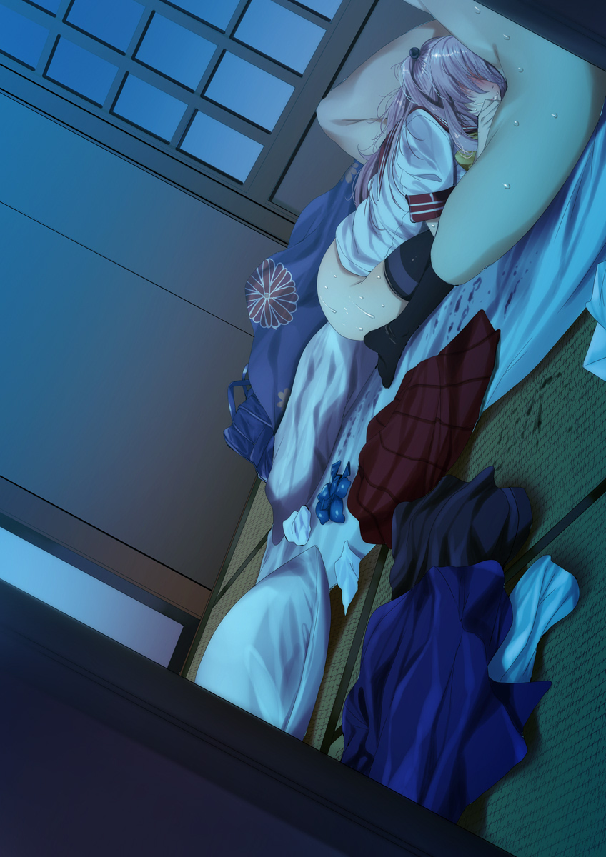 1boy, 1girls, at night, blowjob, bottomless, bottomless female, clothes on floor, fellatio, female, fumihiko (pixiv2658856), futon, gojou wakana, implied deepthroat, implied fellatio, implied oral, inui sajuna, male, night, nude male, partially clothed, partially clothed female, pink hair, school uniform, schoolgirl, skirt down, sono bisque doll wa koi wo suru, sweat, sweatdrop, sweating, thighhighs, tissue, tissues, twintails, used condom, used condoms