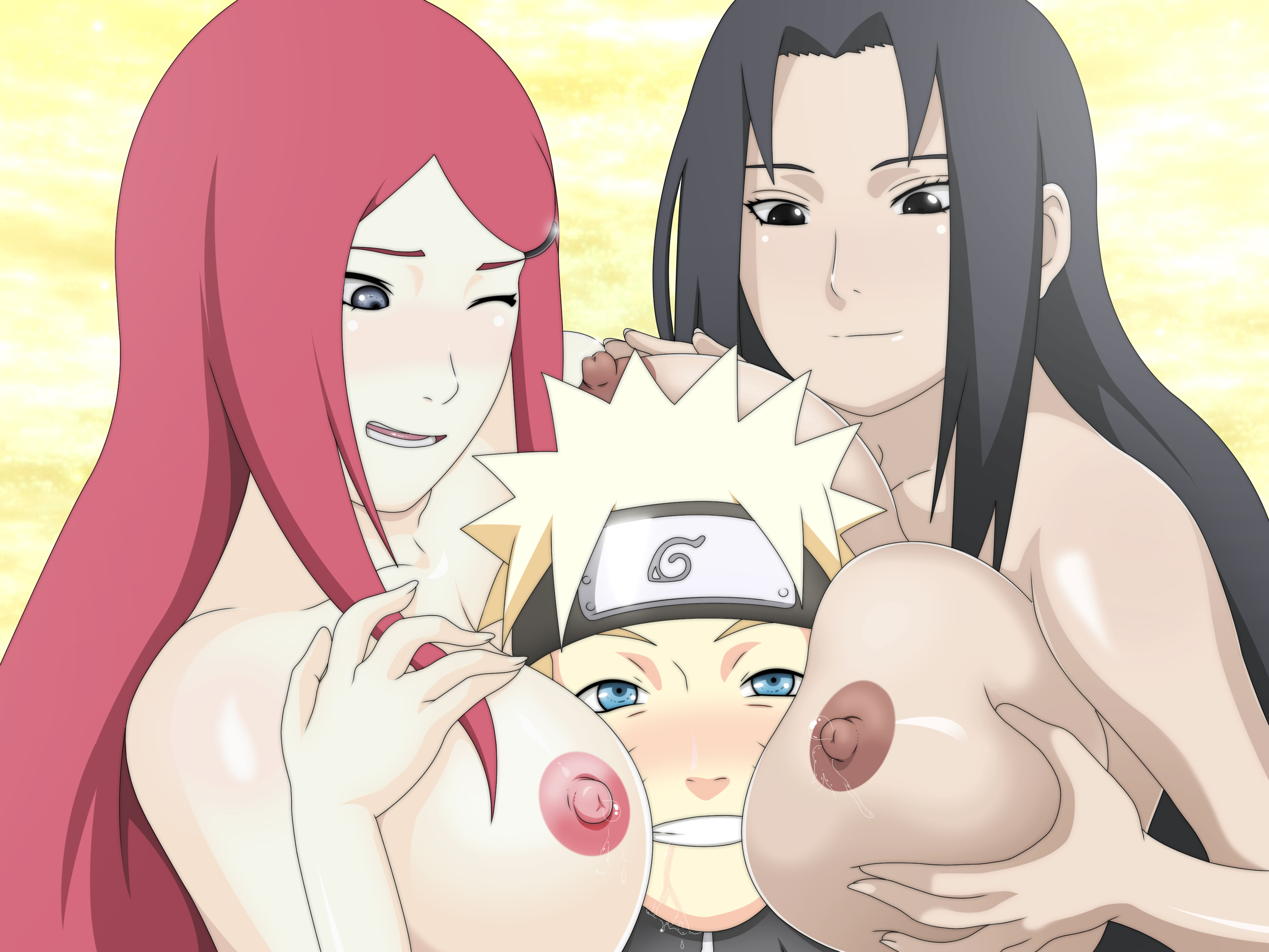 1boy, 2girls, black hair, black-haired female, blonde hair, blonde-haired male, blush, breasts, breasts on head, clothed male nude female, drooling, female, highres, incest, looking at viewer, male, milf, mother and son, naruto, naruto (series), naruto shippuden, neeba, one eye closed, red hair, red-haired female, smile, son girlfriends, uchiha mikoto, uzumaki kushina, uzumaki naruto, very high resolution