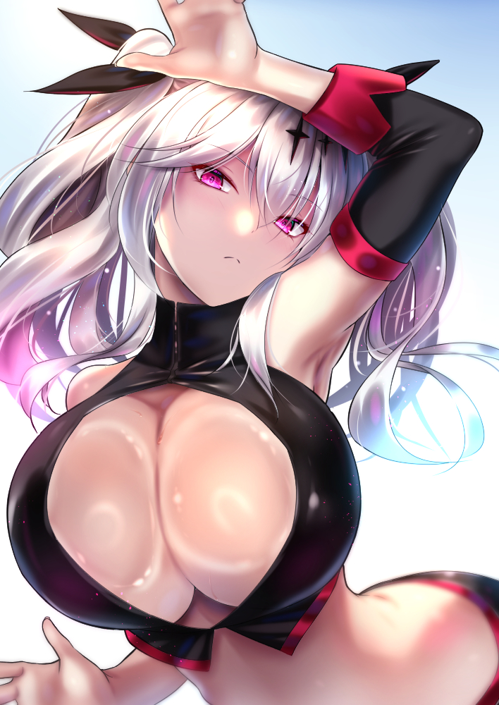 against fourth wall, against glass, akeyama kitsune, arm up, armpits, azur lane, bare shoulders, blush, breast press, breasts, breasts on glass, cg, cleavage, cleavage cutout, closed mouth, clothing cutout, crop top, detached sleeves, female, hair between eyes, hair ornament, hair ribbon, huge breasts, joffre (azur lane), joffre (blessings' first flight) (azur lane), large breasts, long hair, looking at viewer, midriff, pink eyes, sidelocks, solo, twintails, upper body, white hair