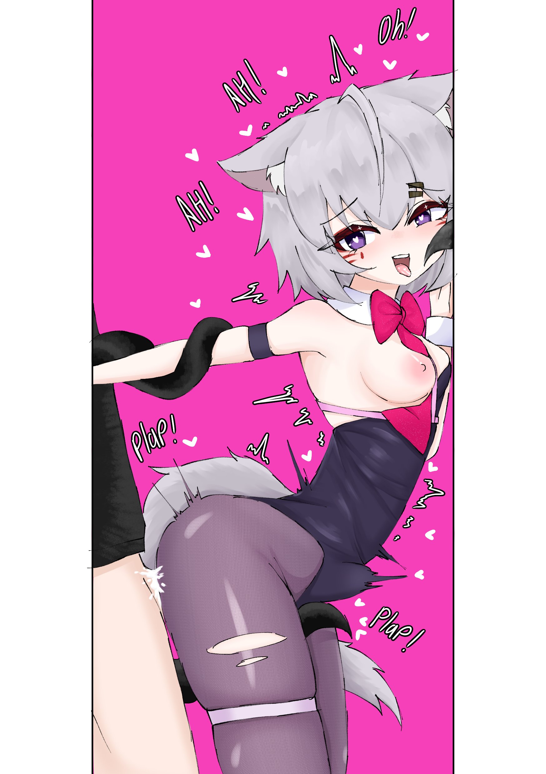 against wall, animal ears, breasts, clothed sex, cum, cum in pussy, cum inside, female, flipsie, heart-shaped pupils, hearts around body, indie virtual youtuber, moaning, plap, pussy, rabbit hole (vocaloid), ripped stockings, small breasts, stomach bulge, szpecter, tail, tentacle, text, tits out, tongue out, trembling, vaginal penetration, virtual youtuber, vtuber, white hair
