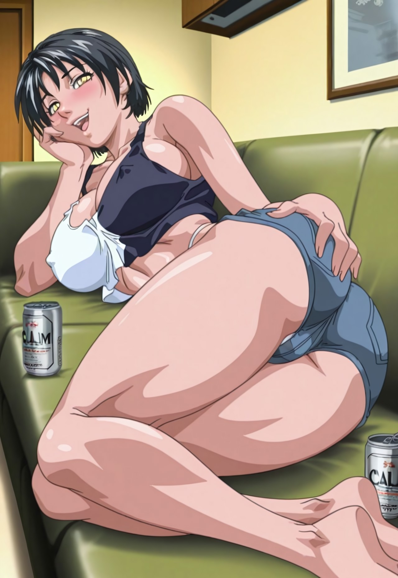 1girls, ai generated, bare breasts, bare shoulders, barefoot, beer, beer can, bible black, big breasts, black hair, blush, breast focus, breasts, busty, couch, denim, denim shorts, drunk, empty can, erect nipples, erect nipples under clothes, facing viewer, feet, feet out of frame, feet together, female, female only, female pubic hair, front view, hand on ass, hand on face, high resolution, indoors, inviting to sex, large breasts, living room, lying on couch, lying on side, makeup, mature, mature female, milf, minase yukiko, nipples, no bra, no bra under clothes, open clothes, open fly, open shorts, oppai, panties, revealing clothes, sexy pose, shirt, shirt lift, short shorts, shorts, skimpy, skimpy clothes, skirt, skirt lift, smile, soles, solo, solo focus, standing, tank top, town, two-tone shirt, unbuttoned, unbuttoned shorts, vegetation, voluptuous, yellow eyes