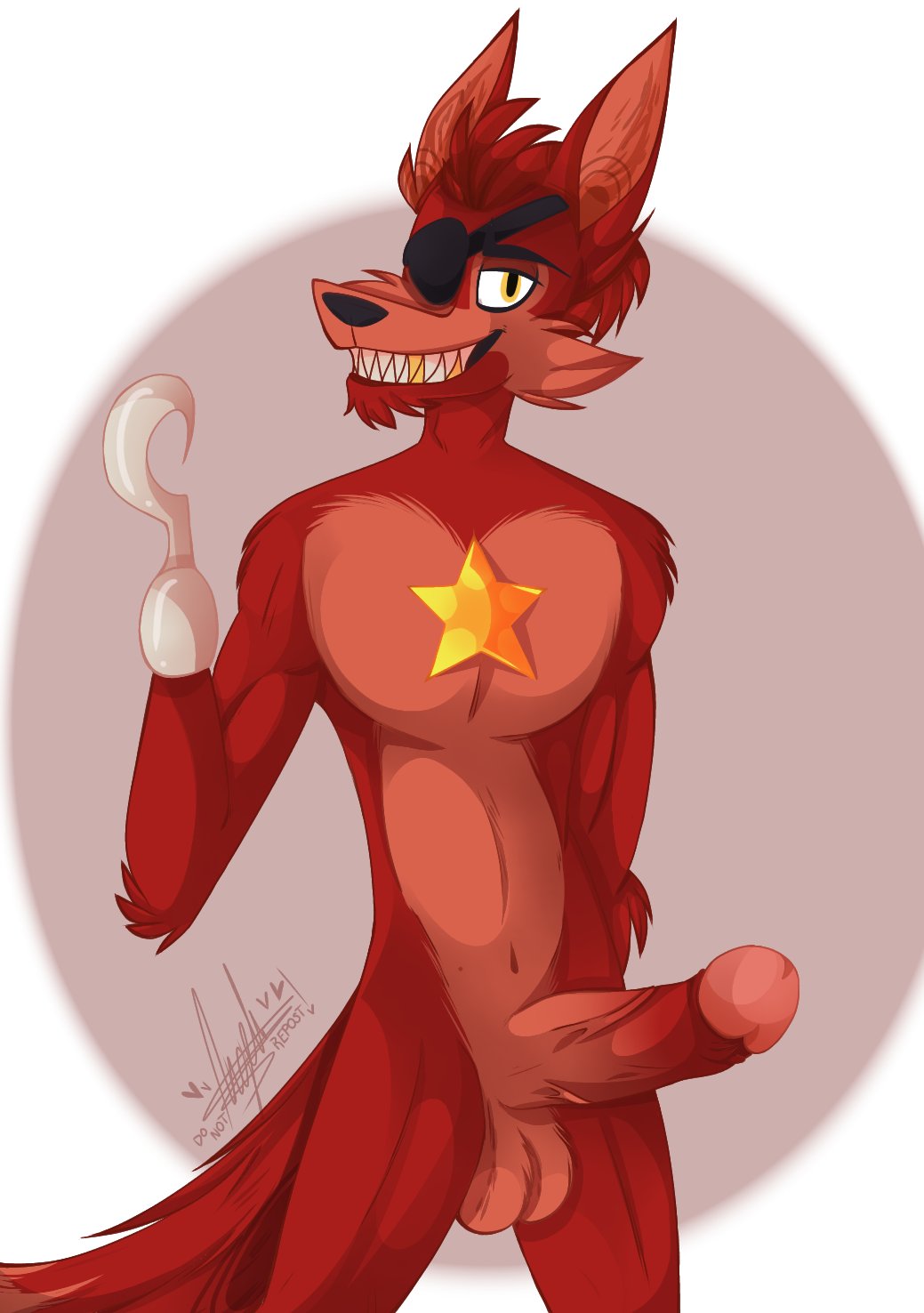 2020 angel_of_the_code anthro balls big_penis five_nights_at_freddy's fox foxy_(fnaf) freddy_fazbear's_pizzeria_simulator fur gay golden_teeth half-closed_eyes heart hook hook_hand long_penis long_tail looking_at_viewer male male_only muscles muscular muscular_male patch penis red_body red_fur rockstar_foxy sharp_teeth smile smiling solo star tail vein veiny_penis video_games yaoi yellow_eyes