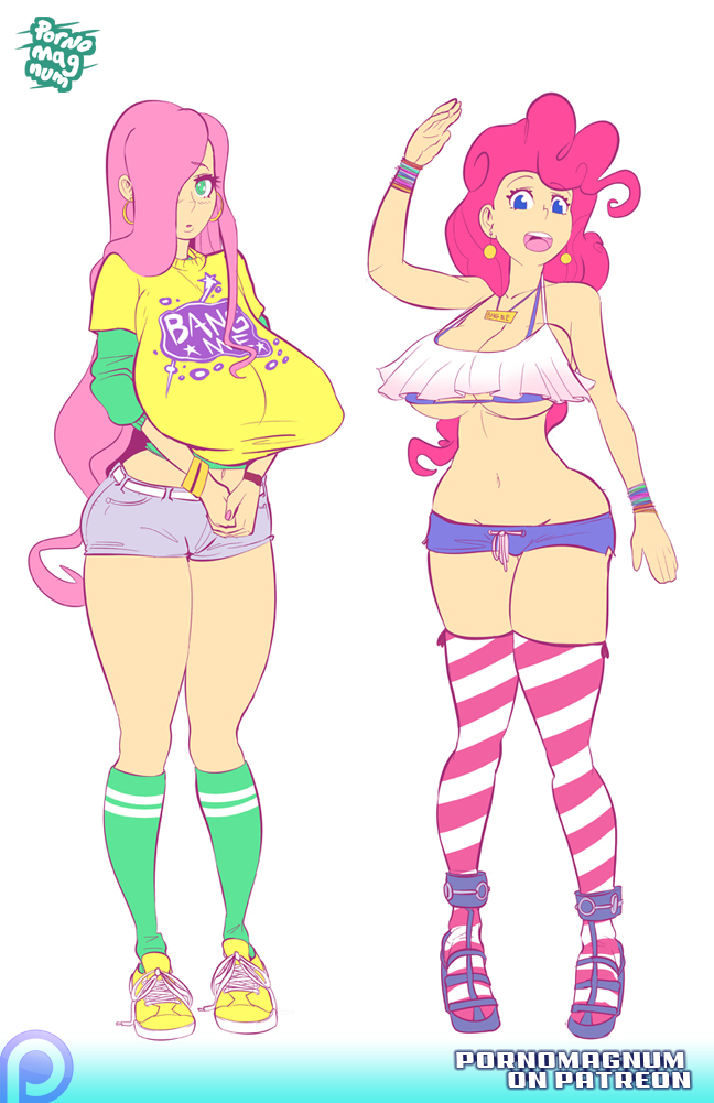 2girls big_breasts bracelet fluttershy_(mlp) friendship_is_magic humanized jean_shorts long_hair midriff my_little_pony open_mouth pink_hair pinkie_pie_(mlp) pornomagnum shirt shoes short_shorts shorts shortshorts smile socks stockings straight_hair underboob