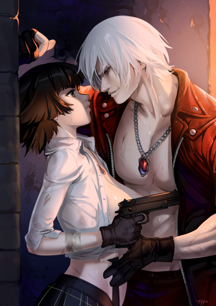 1boy 1girls abs against_wall bandages black_hair breasts capcom commentary dante_(devil_may_cry) devil_may_cry devil_may_cry_3 dirty english_commentary eye_contact female gloves gun handgun hetero jacket jewelry lady_(devil_may_cry) large_breasts looking_at_another male male/female manly necklace nipple_slip nipples no_bra open_clothes open_jacket open_shirt optionaltypo pale-skinned_female pale-skinned_male pale_skin parted_lips partially_fingerless_gloves pectorals silver_hair skirt smile straight sweat wall_slam weapon white_hair