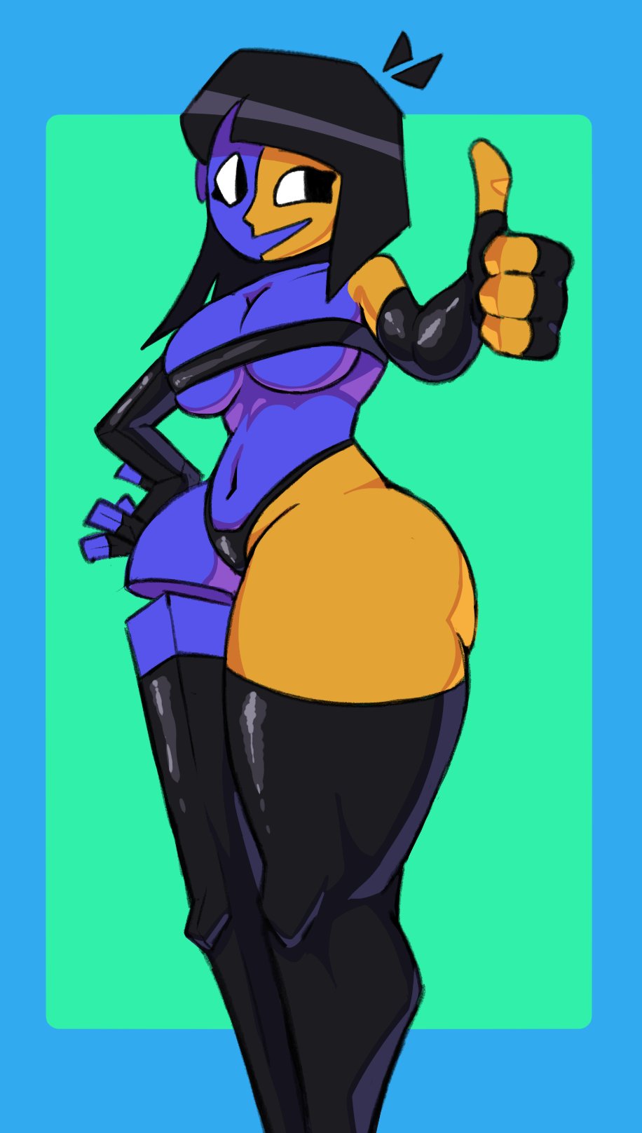 1girls, 4 fingers, algob4v, big breasts, black eyes, black hair, blue skin, breasts, elbow gloves, ena, ena (orginal), ena (series), female, fingerless gloves, joel g, peruvian female, short hair, smile, tagme, thick thighs, thighhighs, thumbs up, two-tone body, yellow skin