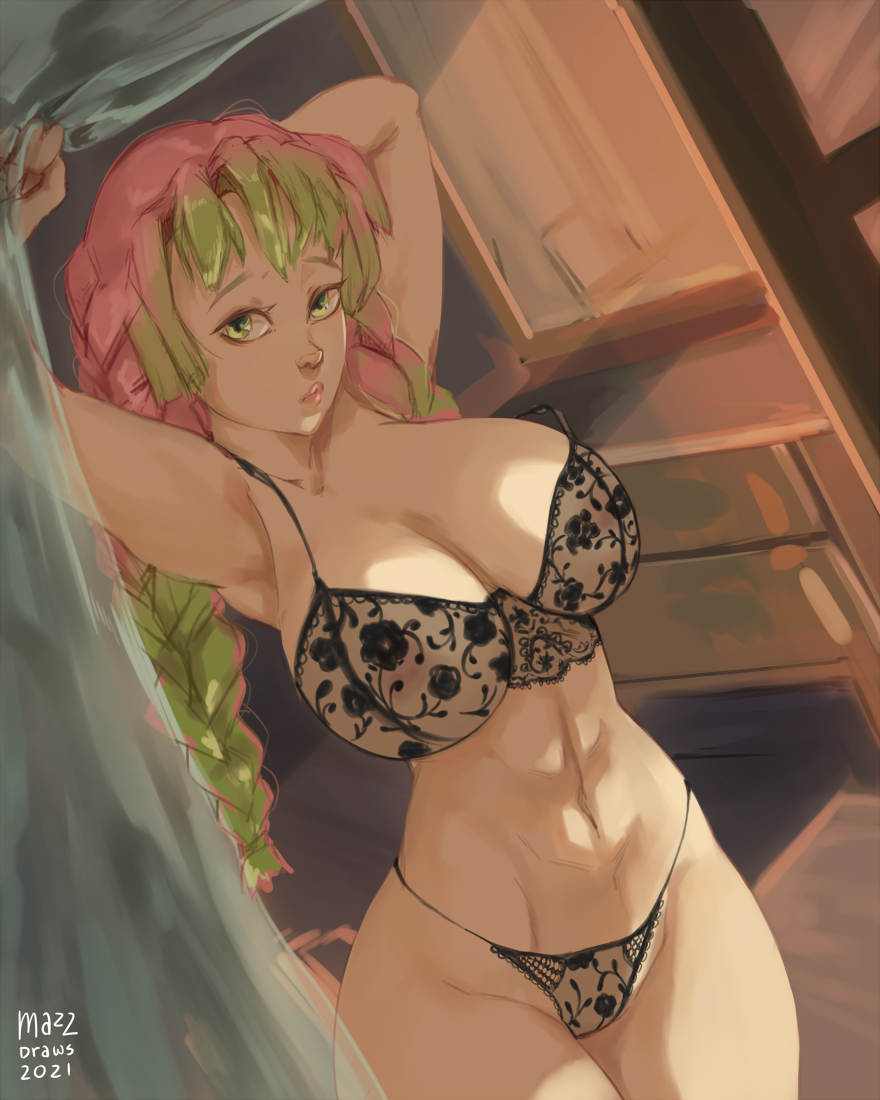 1girls abs bra braided_hair cleavage demon_slayer female female_only green_eyes green_hair huge_breasts kanroji_mitsuri kimetsu_no_yaiba lace-trimmed_bra lace-trimmed_panties lingerie looking_at_viewer mazzlesdraws multicolored_hair panties pink_hair solo voluptuous