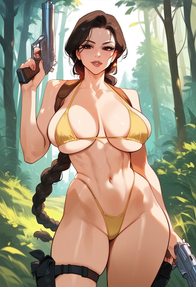 2d, about to burst, ai generated, barely contained breasts, barely fits, big breasts, bikini, braid, breasts, brown hair, female, female only, forest, gun, hellblueboy4, highleg, imminent wardrobe malfunction, lara croft, lara croft (classic), single braid, solo, solo female, solo focus, tagme, tight fit, tomb raider, tomb raider (classic), too tight