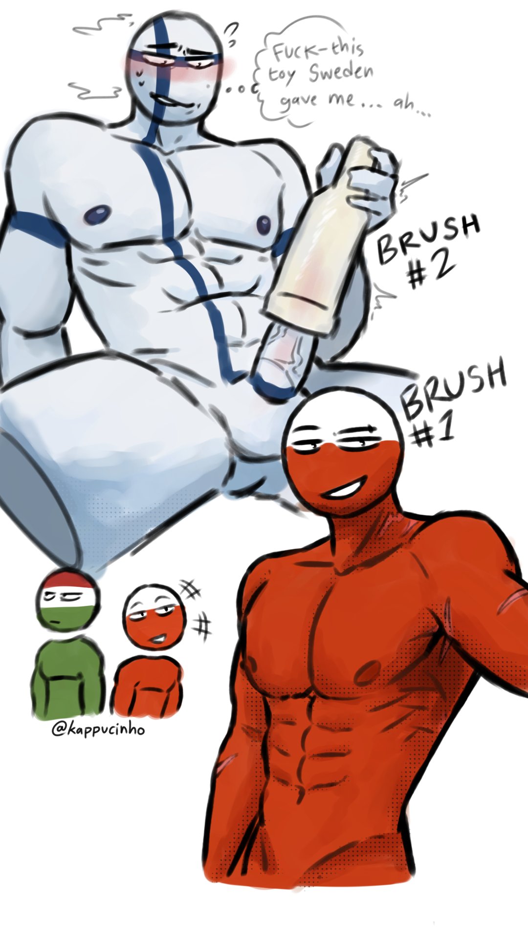 countryhumans, finland (countryhumans), fleshlight, hungary (countryhumans), latte 4later, male, male focus, male only, poland (countryhumans), sex toy, speech, speech bubble, text, toy