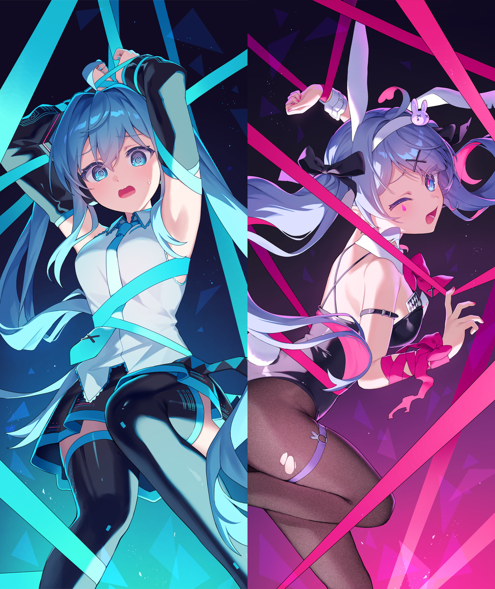 2girls, ahoge, animal ears, aqua necktie, arm strap, armpits, arms up, bangs, bare shoulders, big ass, black leotard, black skirt, black sleeves, blue eyes, blue hair, blue necktie, bound, bound arms, bound wrists, bow, bowtie, breasts, bunny ears, bunny girl, bunny tail, bunnysuit, collared shirt, detached collar, detached sleeves, dizzy eyes, dual persona, embarrassed, fake animal ears, fake tail, female, fishnets, green eyes, green hair, grey shirt, hair ornament, hairband, hatsune miku, huge thighs, leg up, leotard, long hair, long sleeves, looking at viewer, miniskirt, multiple girls, nail polish, necktie, one eye closed, open mouth, pantyhose, pink bow, pink bowtie, pink eyes, pink hair, pink ribbon, playboy bunny, pleated skirt, purple hair, rabbit ears, rabbit hair ornament, rabbit hole (vocaloid), rabbit tail, restrained, ribbon, ripped pantyhose, shirt, skirt, sleeveless, sleeveless shirt, strapless leotard, sweatdrop, tail, tattoo, thigh boots, thigh strap, thighhighs, thighs, torn clothes, twintails, very long hair, vocaloid, white shirt, wrist cuffs, x hair ornament, zettai ryouiki