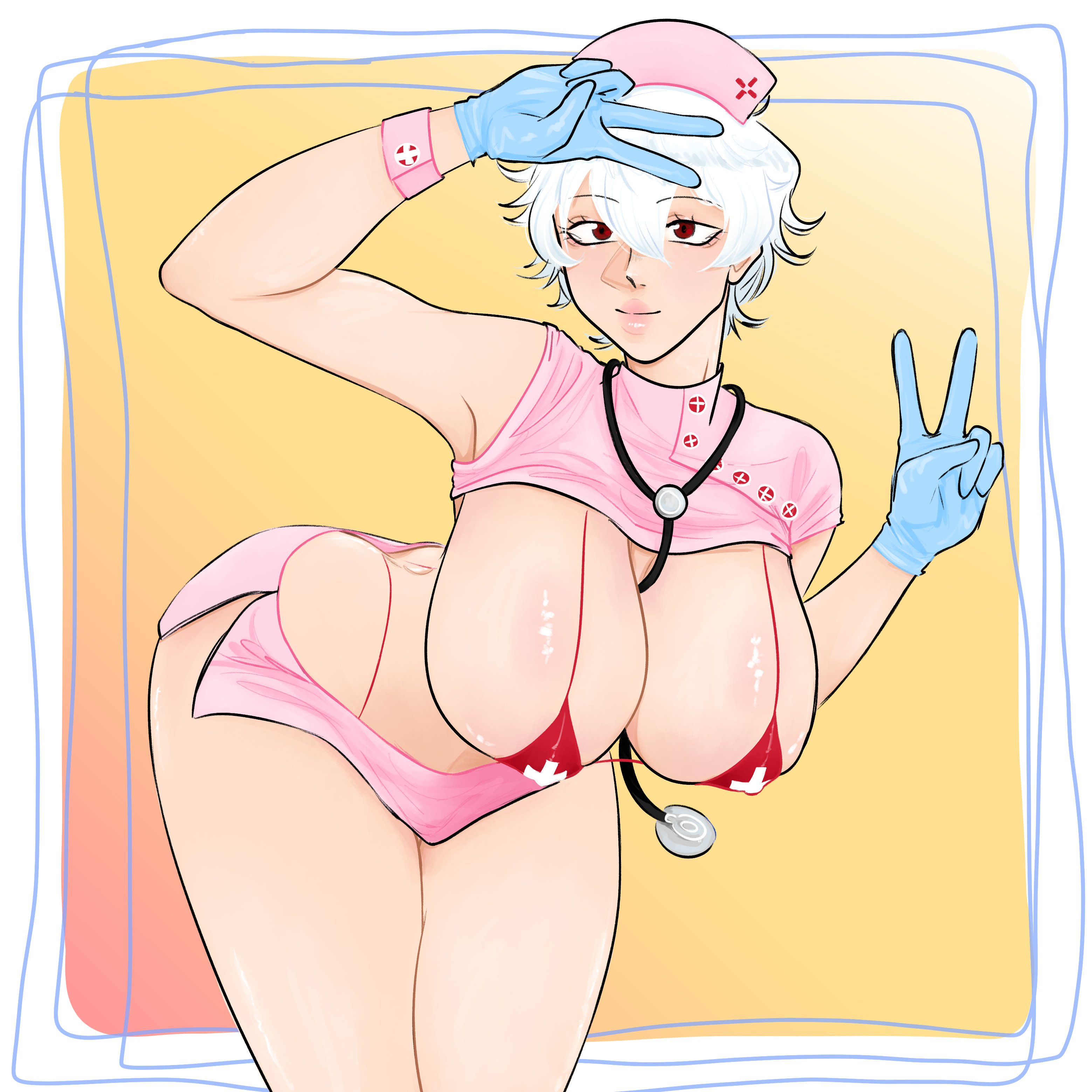 big breasts, bikini, breasts, canon genderswap, cleavage, female, female only, genderswap (mtf), ginko sakata, gintama, gintoki sakata, gloves, hanging breasts, huge breasts, leaning forward, micro bikini, microskirt, miniskirt, nurse, nurse cap, nurse uniform, red bikini, red eyes, revealing clothes, rule 63, seal strawberry, short hair, skimpy clothes, smile, solo, stethoscope, v, v sign, white hair, wide hips