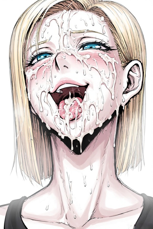 adult, ahe gao, ahegao face, ai generated, android, android 18, black dress, blonde female, blonde hair, blue eyes, cum, cum in mouth, cum on face, cumshot, dragon ball, dragon ball z, female, girly, happy, robot, robot girl, sexy, solo, solo female, solo focus, srimbievil58, white skin