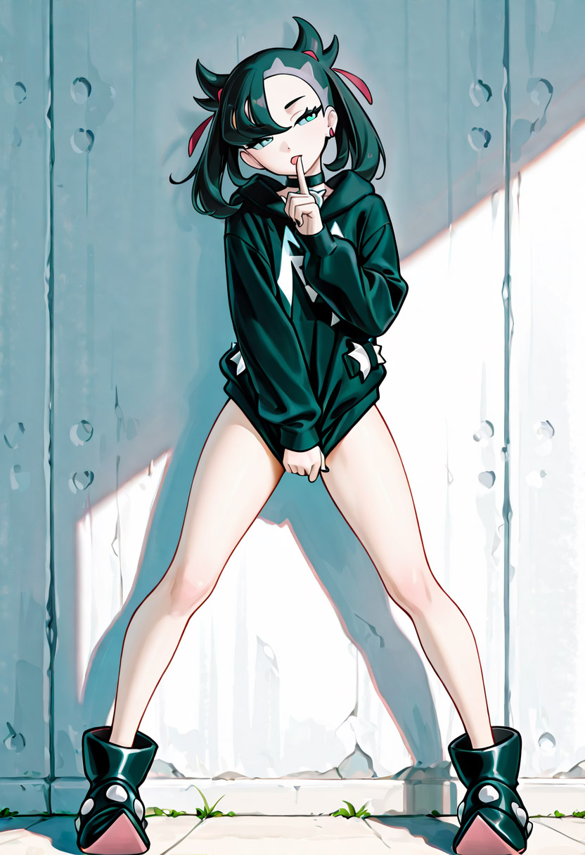 1girls, ai generated, bottomless, choker, covering crotch, female, licking finger, looking to the side, marnie (pokemon), nova furry xl, pokemon, pokemon trainer, solo, spread legs, sq7