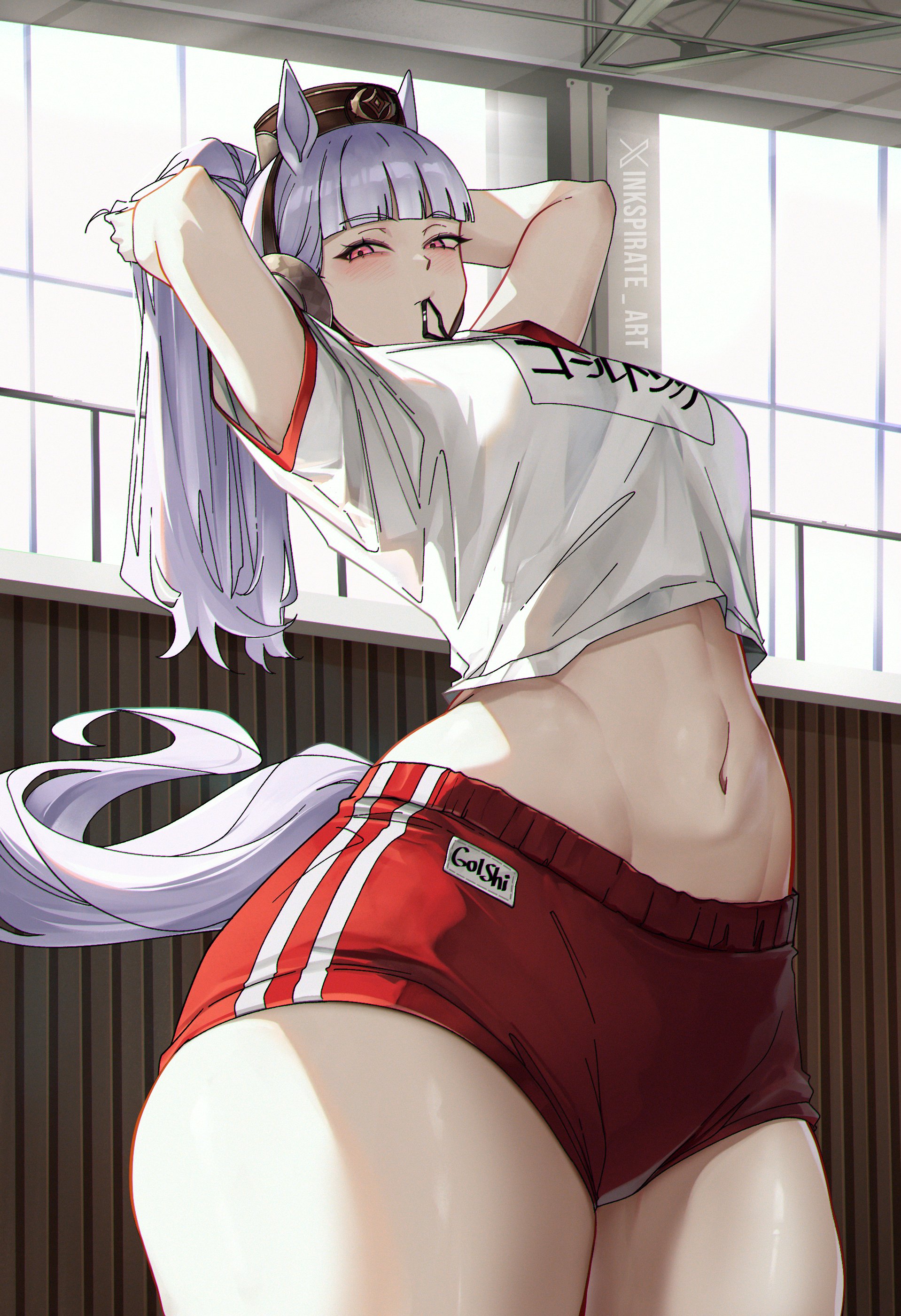 1girls, animal humanoid, arms up, bangs, blunt bangs, blush, breasts, child bearing hips, clothes, clothing, curvy, eyelashes, female, fully clothed, gold ship (umamusume), hair tie, hat, horse, horse ears, horse girl, horse tail, hourglass figure, indoors, inkspirate, japanese text, lavender hair, light skin, light-skinned female, looking at viewer, navel, pink eyes, ponytail, purple hair, short shorts, shorts, solo, standing, thick thighs, toned female, tummy, umamusume, umamusume pretty derby, watermark, wide hips