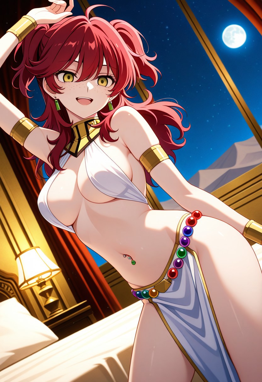 ai generated, belly dancer, belly dancer outfit, belly piercing, brainwashed, breasts, corrupted, corruption, cosplay, female, freckles, freckles on face, ginger, ginger female, gundam 00, harem outfit, hypnosis, large breasts, mind break, mind control, nena trinity, pale skin, pale-skinned female, red hair, twintails, yellow eyes