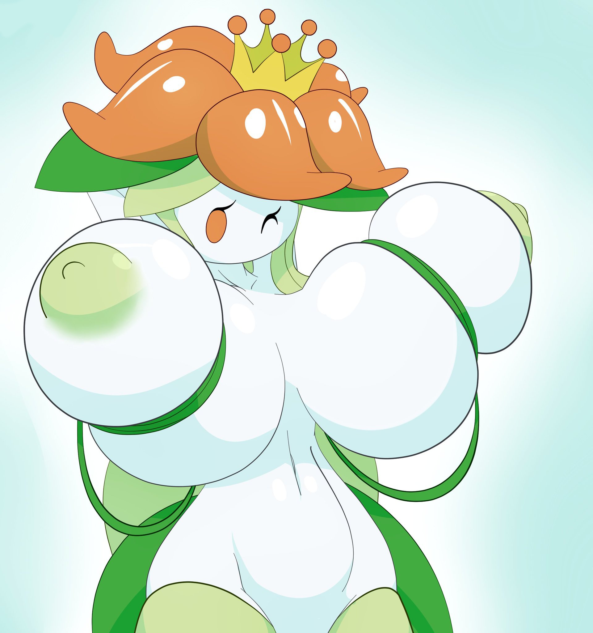 1girls, belly, belly button, breast grab, breast squeeze, breasts, eyelashes, female, female only, game freak, huge breasts, humanoid, large breasts, lilligant, looking at viewer, navel, nintendo, one eye closed, orange eyes, pokémon (species), pokemon, pokemon (species), posing, shmeepo, simple background, solo, solo female, standing, vine whip, voluptuous, wink