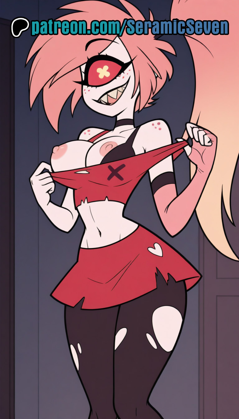 1girls, 2025, 2d, ai, ai generated, anime, anime style, breasts, cherri bomb, cherri bomb (hazbin hotel), colored hair, cyclops, demon, demon girl, female, female focus, female only, flashing, flashing breasts, freckles, freckles on face, hazbin hotel, ponytail, seramic seven, sharp teeth, skirt, smile, solo, solo female, solo focus, stockings, torn stockings, uncensored, uncensored breasts, uncensored nipples
