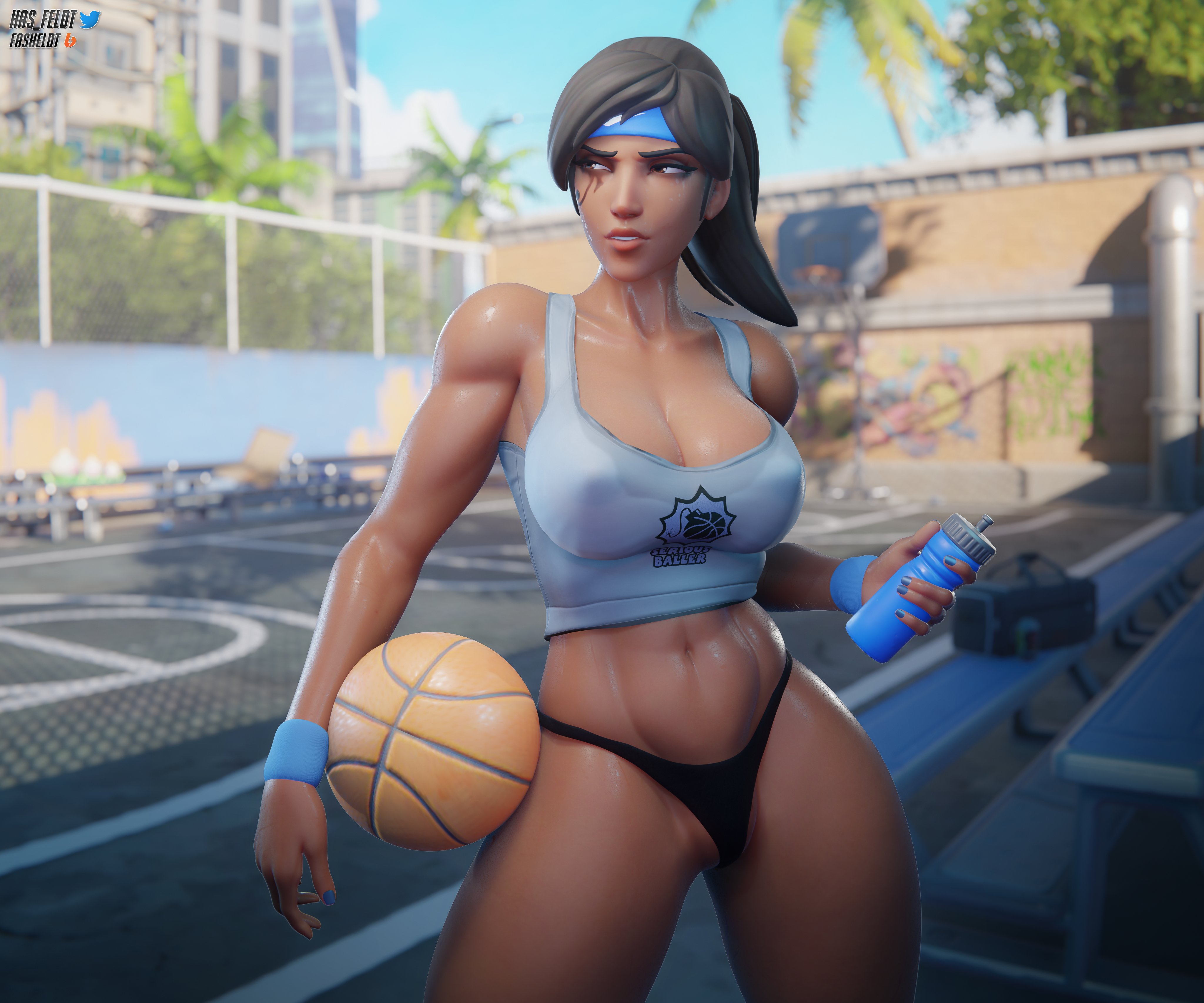 1girls, 3d, basketball, basketball court, dark skin, dark-skinned female, female, female only, female torso, hasfeldt, overwatch, pharah, solo, solo focus