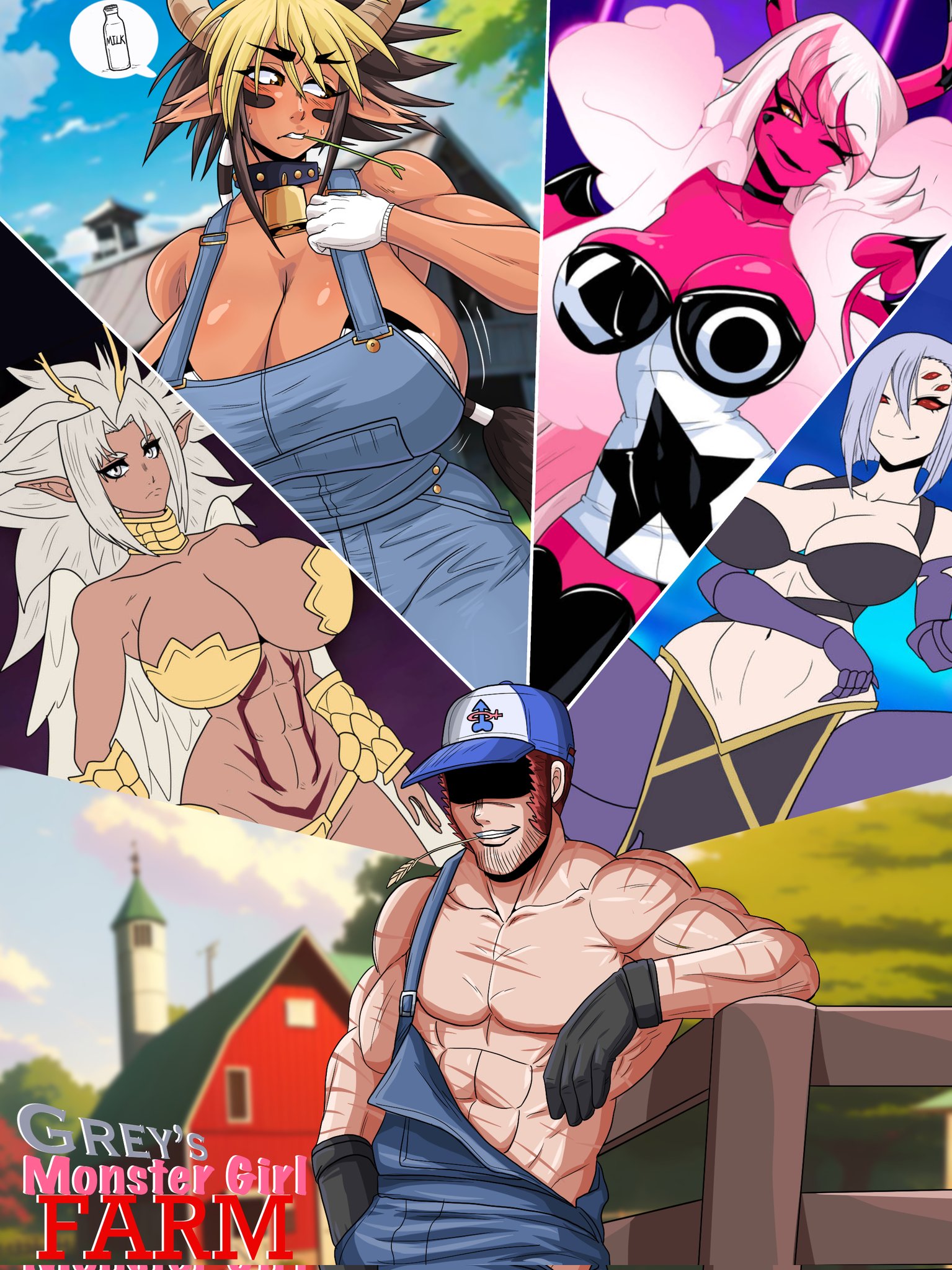 1boy, 4girls, animal humanoid, anthro, arachne, arachnid, arachnid humanoid, ass, big ass, big breasts, big thighs, breasts, breasts bigger than head, brown body, brown skin, brown-skinned female, bust, busty, cathyl, crossover, curvaceous, curvy, curvy figure, dark skin, dark-skinned female, demon, demon girl, digital media (artwork), enormous breasts, female, gigantic breasts, grey (numh), greys monster girl farm, hellaverse, helluva boss, hips, horns, hourglass figure, huge ass, huge breasts, huge thighs, humanoid, jouryuu, large ass, large breasts, large thighs, legs, male, male/female, massive breasts, mato seihei no slave, mature, mature female, minotaur, minotaur female, monster, monster girl, monster musume no iru nichijou, multiple females, multiple girls, ninja-8004, notice us monster hunter, pink body, pink skin, pink-skinned female, rachnera arachnera, slim waist, spider, spider girl, spider humanoid, straight, succubus, thick, thick hips, thick legs, thick thighs, thighs, verosika mayday (helluva boss), voluptuous, waist, white hair, wide hips, wide thighs