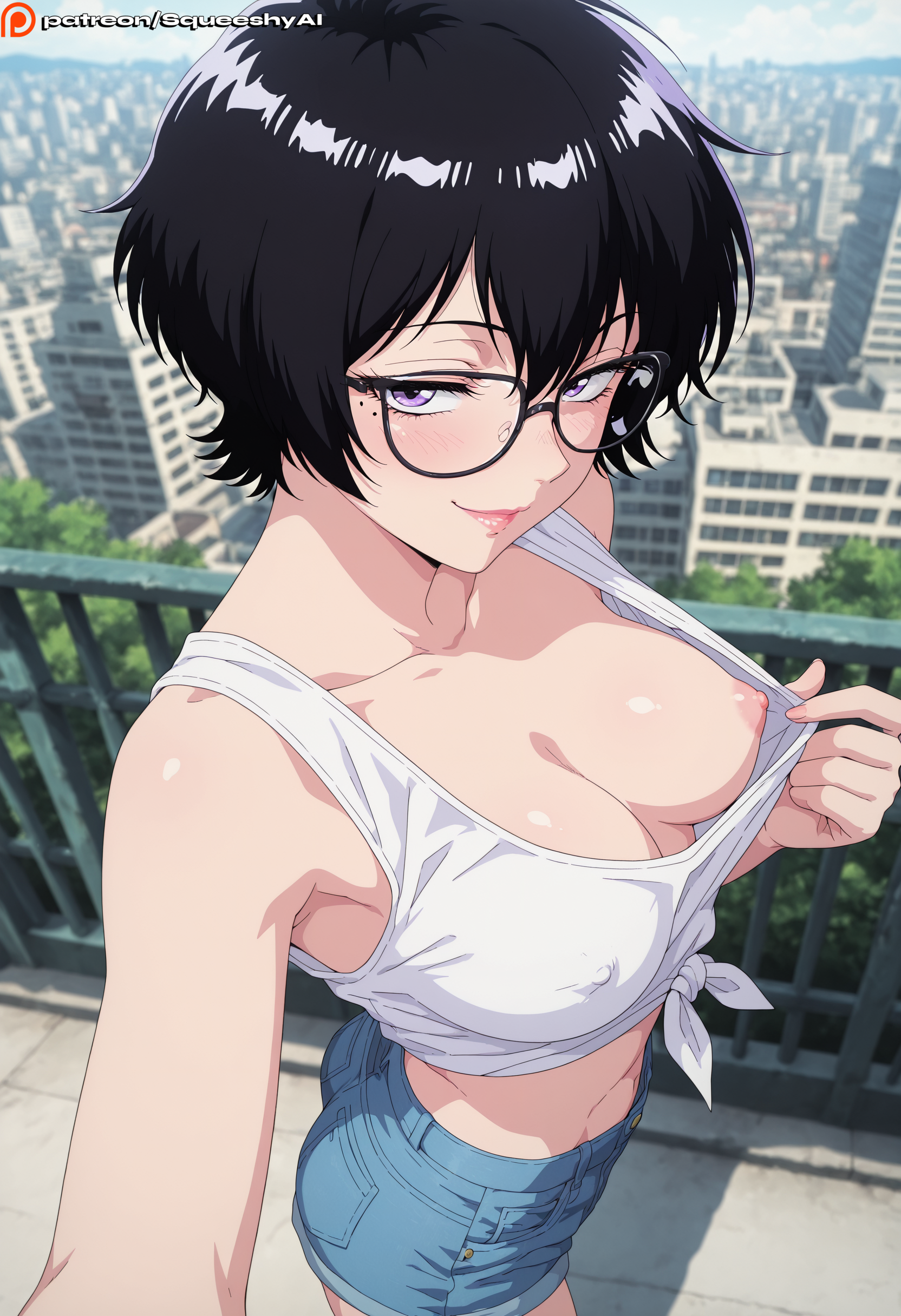 1girls, ai generated, big ass, big breasts, black hair, breasts, busty, curvy, detailed background, female, female only, glasses, heavy blush, huge breasts, kowloon generic romance, kujirai reiko, looking pleasured, male/female, mole, mole under eye, nipple slip, nipples, nude, open mouth, perky breasts, pleasure, puffy nipples, short hair, solo, squeeshyai, submissive, submissive face, thick, thighs, wide hips