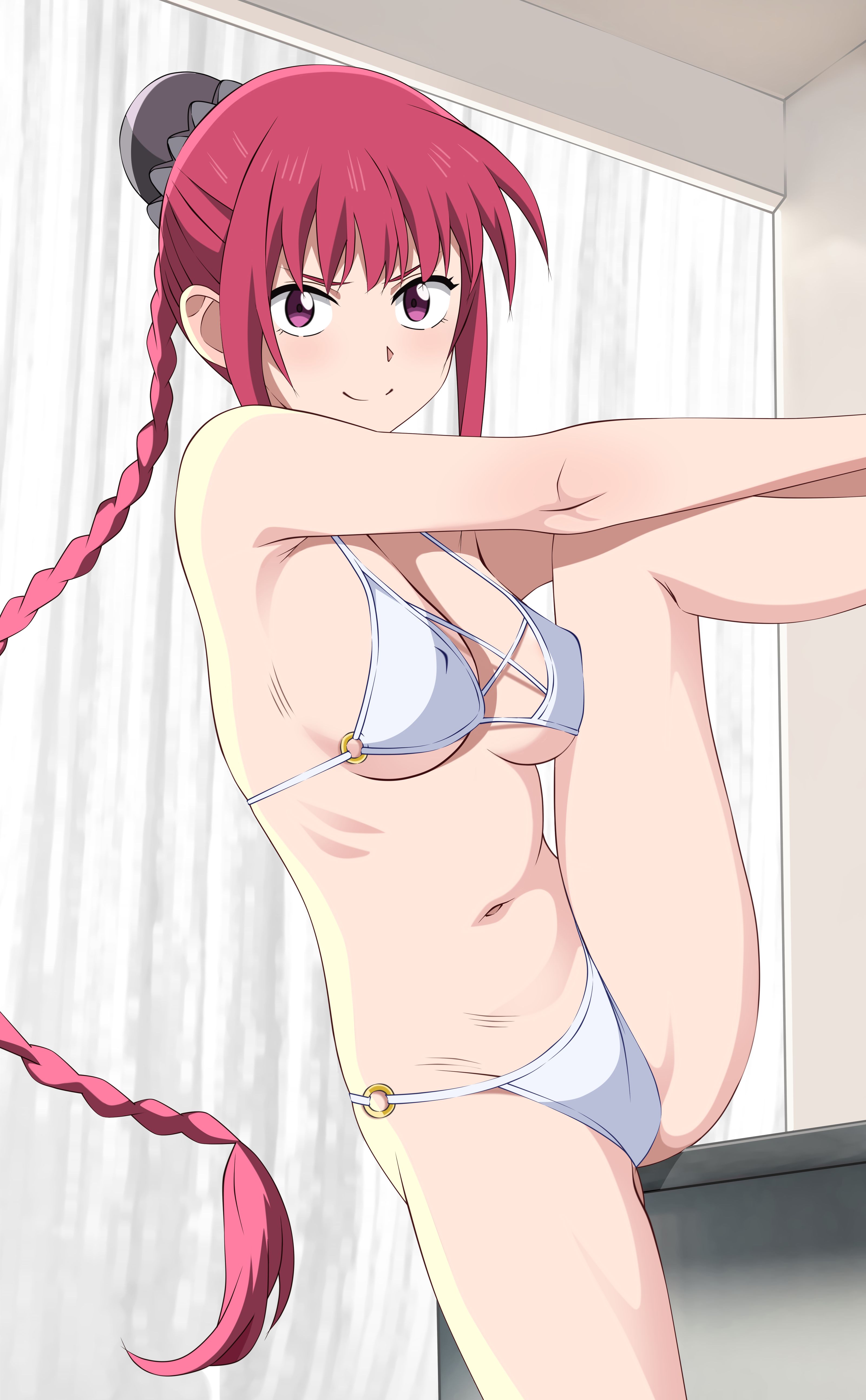 1girls, adult, adult female, almost naked, almost nude, armpit, armpit crease, armpit peek, armpits, bare armpits, bare arms, bare belly, bare calves, bare chest, bare hands, bare hips, bare knees, bare legs, bare midriff, bare navel, bare shoulders, bare skin, bare thighs, bare torso, belly, belly bulge, belly button, belly fold, big breasts, bikini, bikini bottom, bikini only, bikini top, braid, braided hair, breasts, busty, busty female, closed mouth smile, collarbone, digital, digital art, digital drawing, digital drawing (artwork), digital media, digital media (artwork), elbows, exposed armpits, exposed arms, exposed belly, exposed chest, exposed hips, exposed legs, exposed midriff, exposed navel, exposed shoulders, exposed skin, exposed thighs, exposed torso, female, female focus, female only, groin, hair bun, hairless armpits, halterneck, high resolution, highres, indoor, indoor nudity, indoors, inframammary fold, inguinal crease, inguinal ligament, kiniro tofu, knee up, kneepits, knees, large boobs, large breasts, lean figure, leg up, long hair, looking at viewer, lu shaotang, mature, mature female, midriff, mostly nude, naked, naked female, naked woman, narrow waist, navel, nearly nude, nipple bulge, nude, nude female, nudity, plump breasts, practically nude, purple eyes, purple-eyed female, red hair, red-haired female, ribs, sakamoto days, shaved armpits, shoulders, sideboob, slender body, slender waist, slim waist, smile, smiley face, smiling, smiling at viewer, smirk, solo, standing, string bikini, swimsuit, swimwear, thighs, underboob, upper body, white bikini, white bikini bottom, white bikini top, white string bikini, white swimsuit, white swimwear
