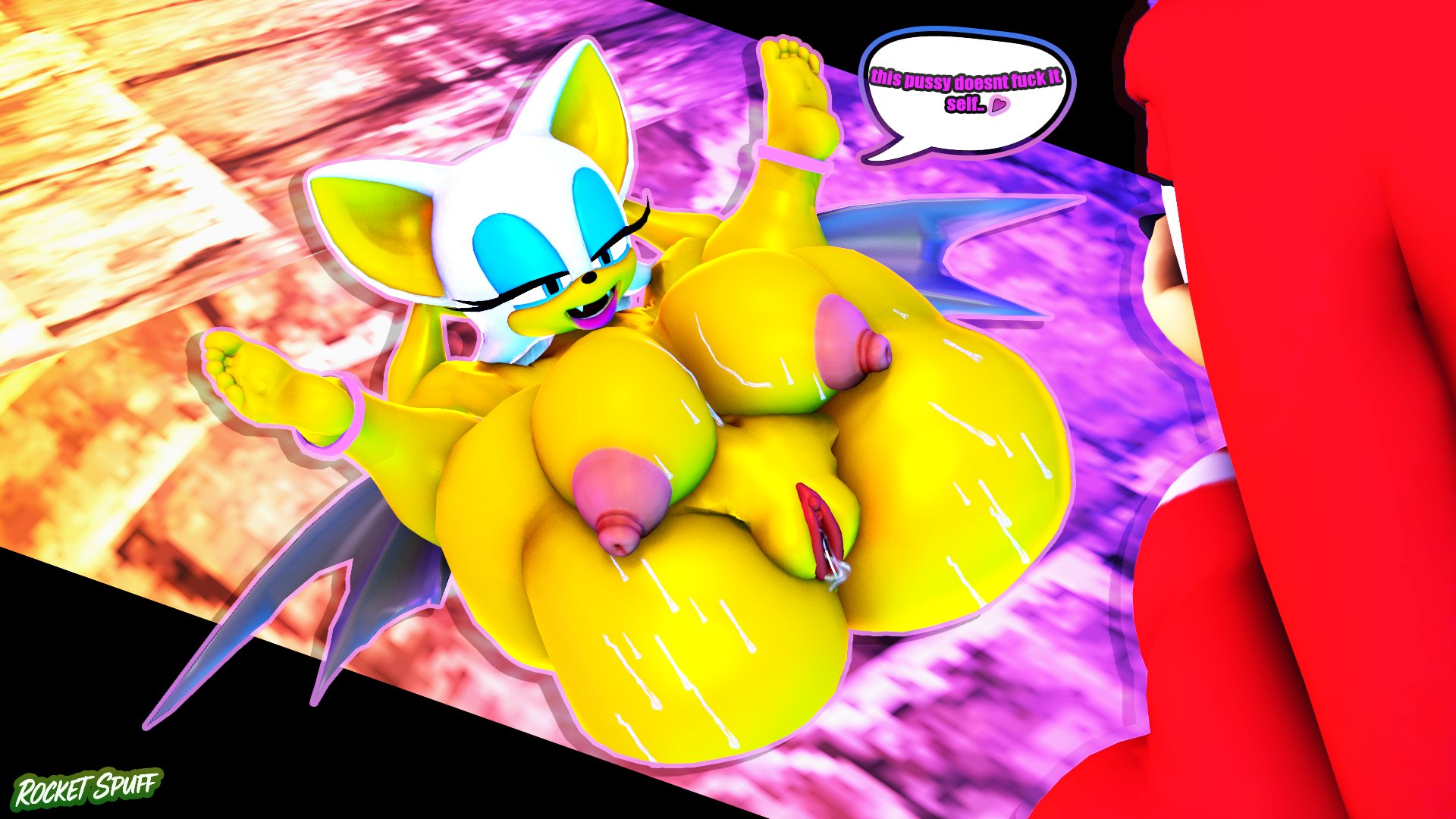 1boy, 1girls, 3d, 3d (artwork), 3d model, anthro, areolae, ass, barefoot, big breasts, blue eyes, breasts, chiropteran, completely nude, completely nude female, dialogue, female, female focus, full body, horny female, inviting to sex, kabalmystic (style), knuckles the echidna, legs over head, male, male/female, mobian, mobian (species), mobian bat, naked, naked female, nipples, nude, nude female, pussy, red fur, rocketspuff, rouge the bat, sega, sonic (series), sonic adventure 2, sonic the hedgehog (series), spread legs, thick thighs, wet pussy, white fur