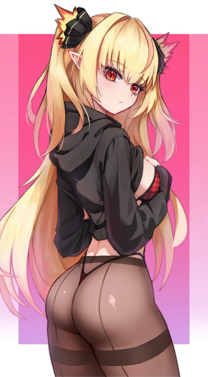 1girls, blonde hair, breasts, elf, elf ears, elf female, elf girl, female, female focus, front view, hag, light skinlight skinned female, long hair, necromancer, pantyhose, pointy ears, red eyes, red hair, small breasts, solo, solo focus, two-tone hair, virtual youtuber, vtuber, witch