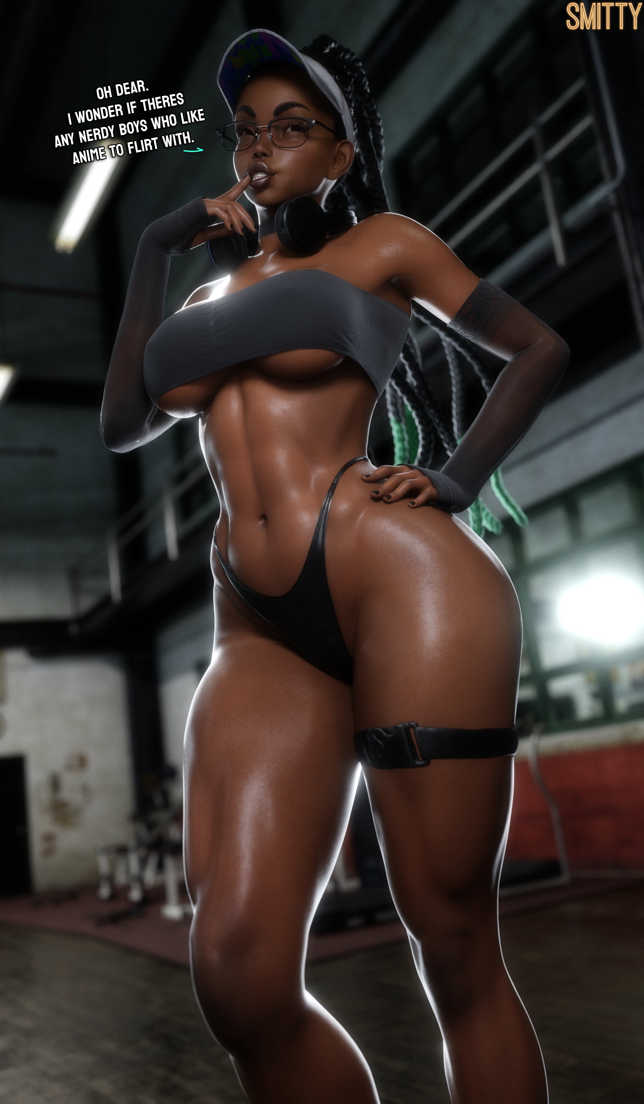 1girls, 3d, abs, athletic female, black hair, braided hair, capcom, dark skin, dark-skinned female, english text, female, female only, glasses, headphones, headphones around neck, high waisted thong, kimberly jackson, smitty34, solo, street fighter, street fighter 6, sun visor, tagme, text, toned, toned female, tubetop